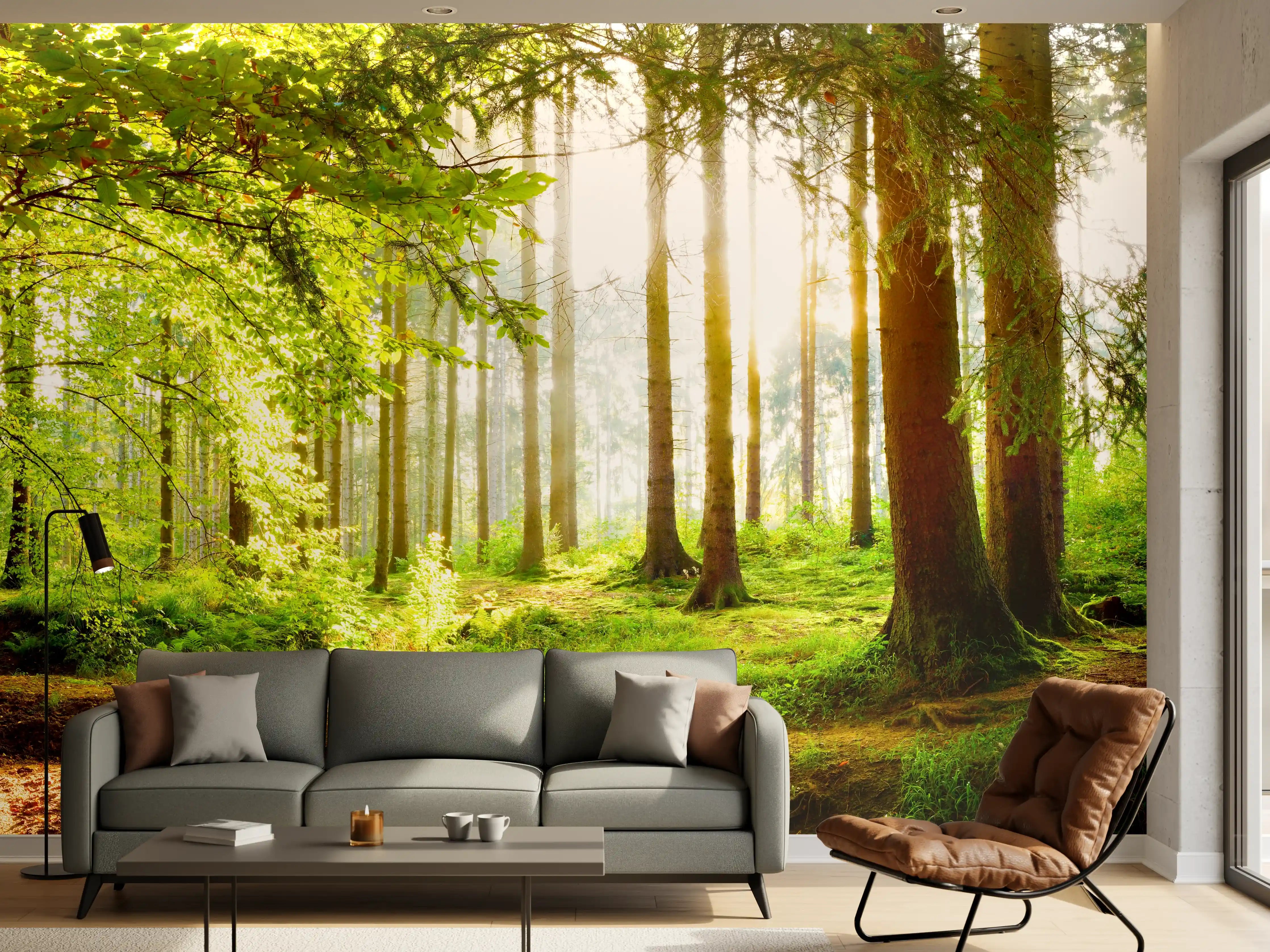 Wandverkleidung Wohnzimmer - Frühlingswald mit Sonnenschein