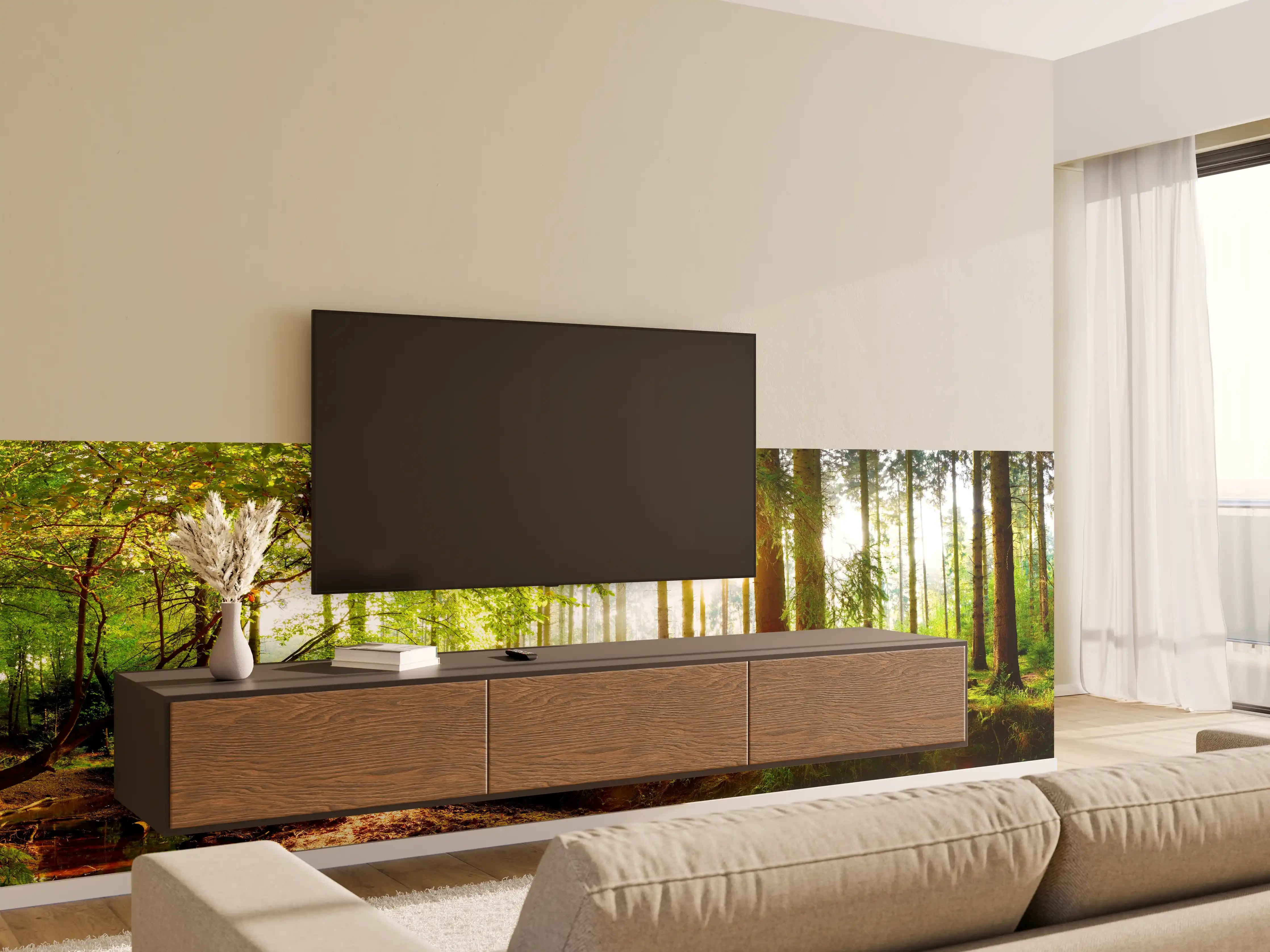 Wandverkleidung Wohnzimmer - Frühlingswald mit Sonnenschein