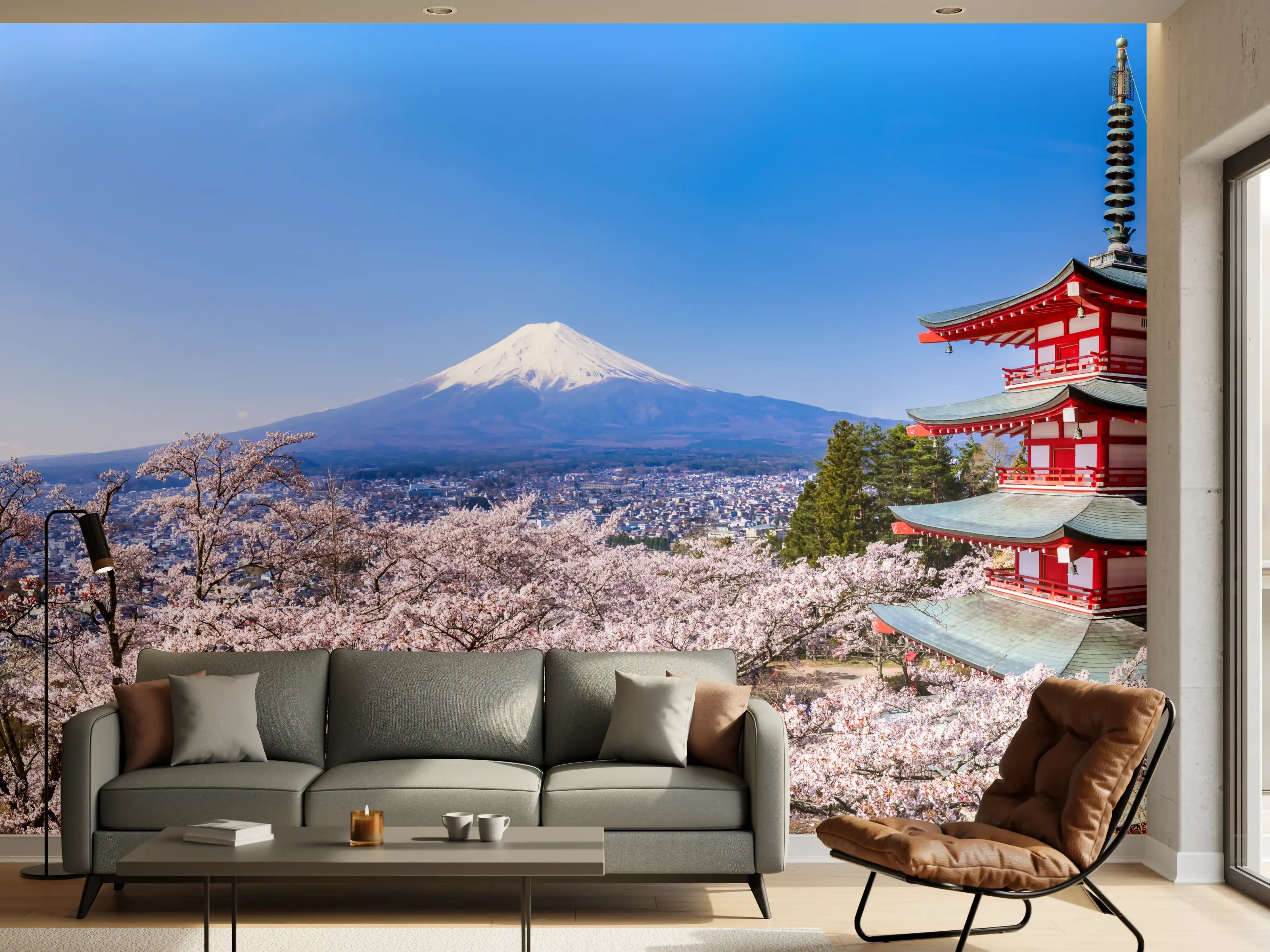 Wandverkleidung Wohnzimmer - Fuji und Pagode im Kirschblütenmeer