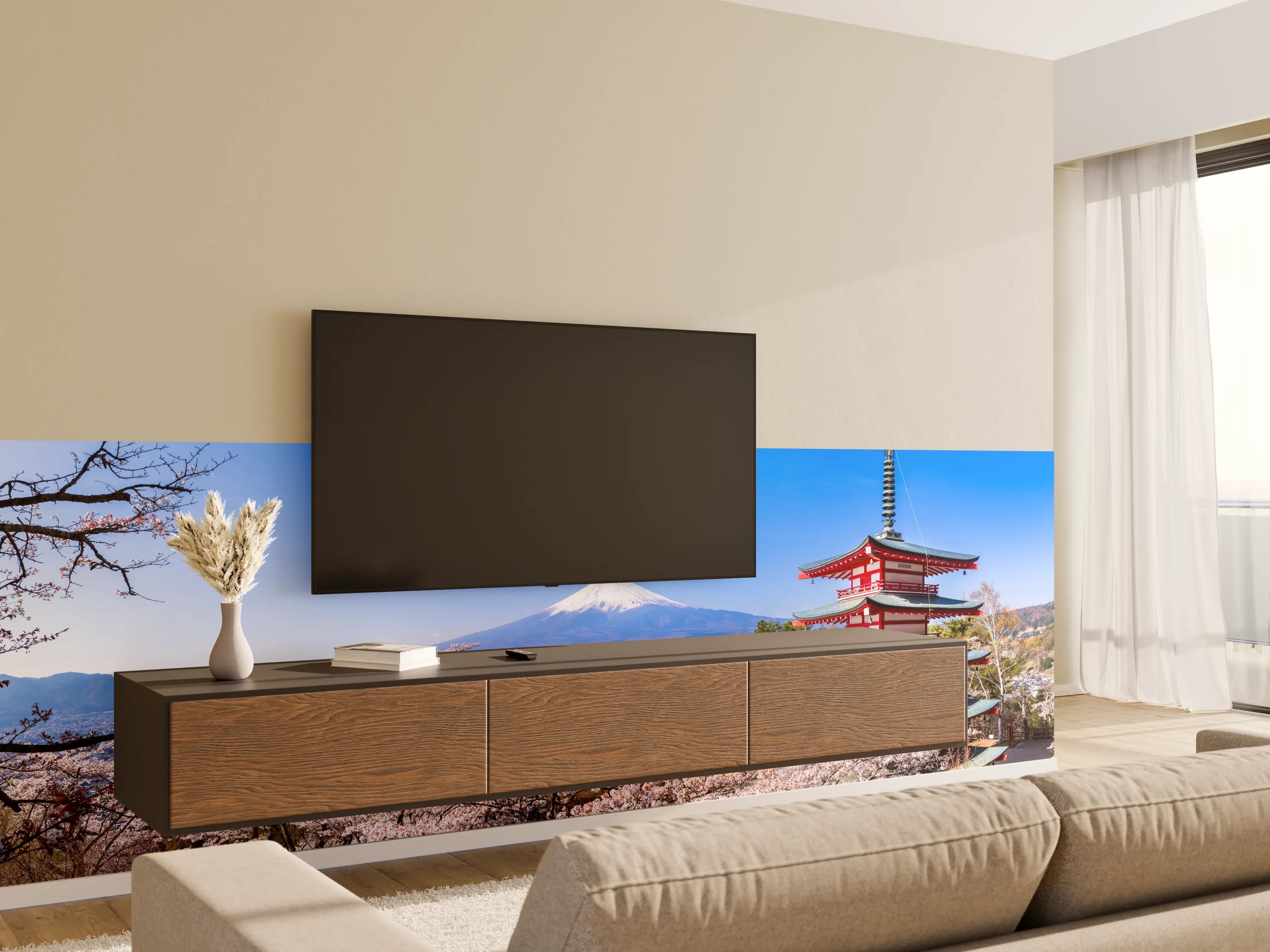 Wandverkleidung Wohnzimmer - Fuji und Pagode im Kirschblütenmeer