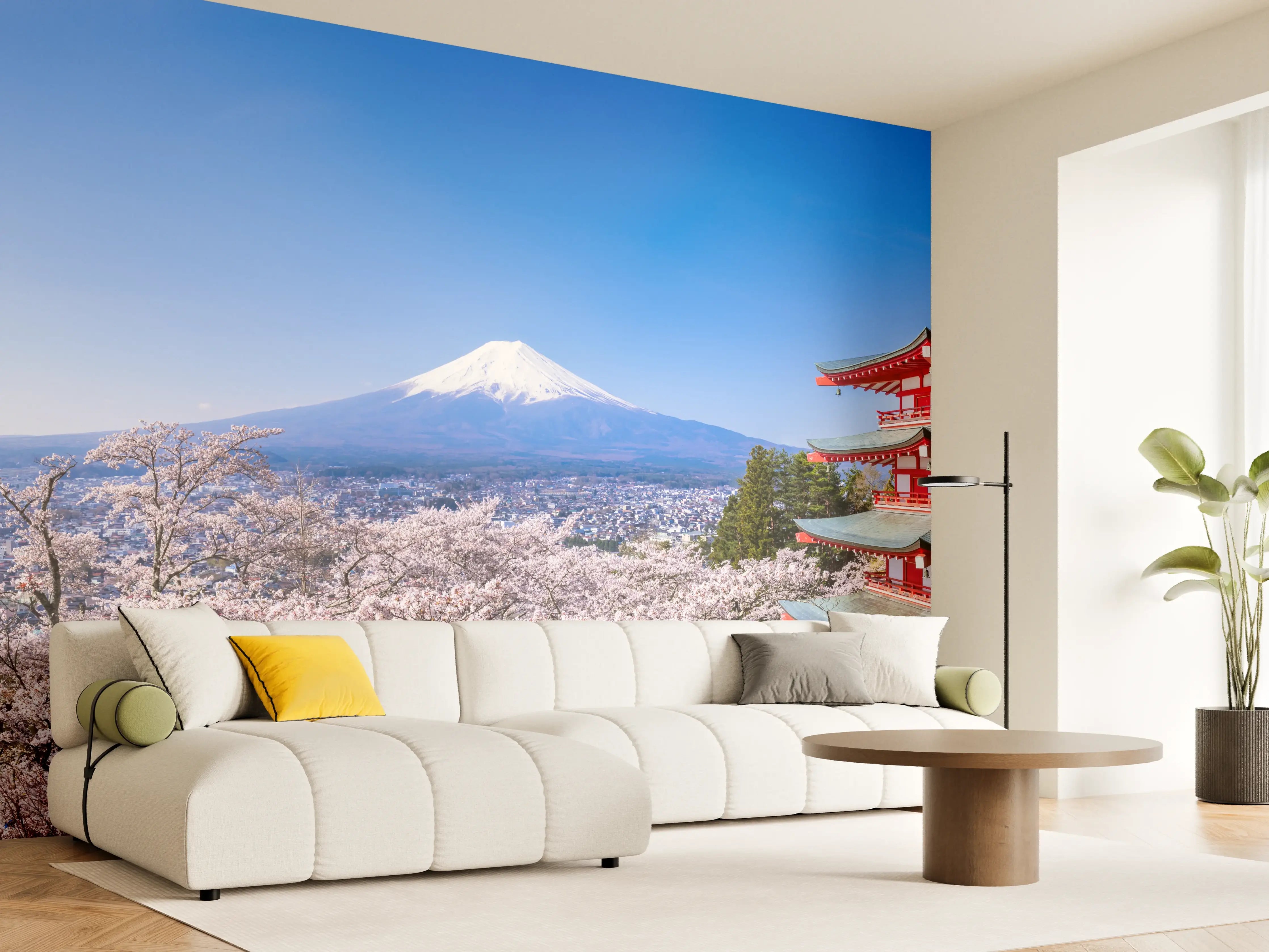 Wandverkleidung Wohnzimmer - Fuji und Pagode im Kirschblütenmeer
