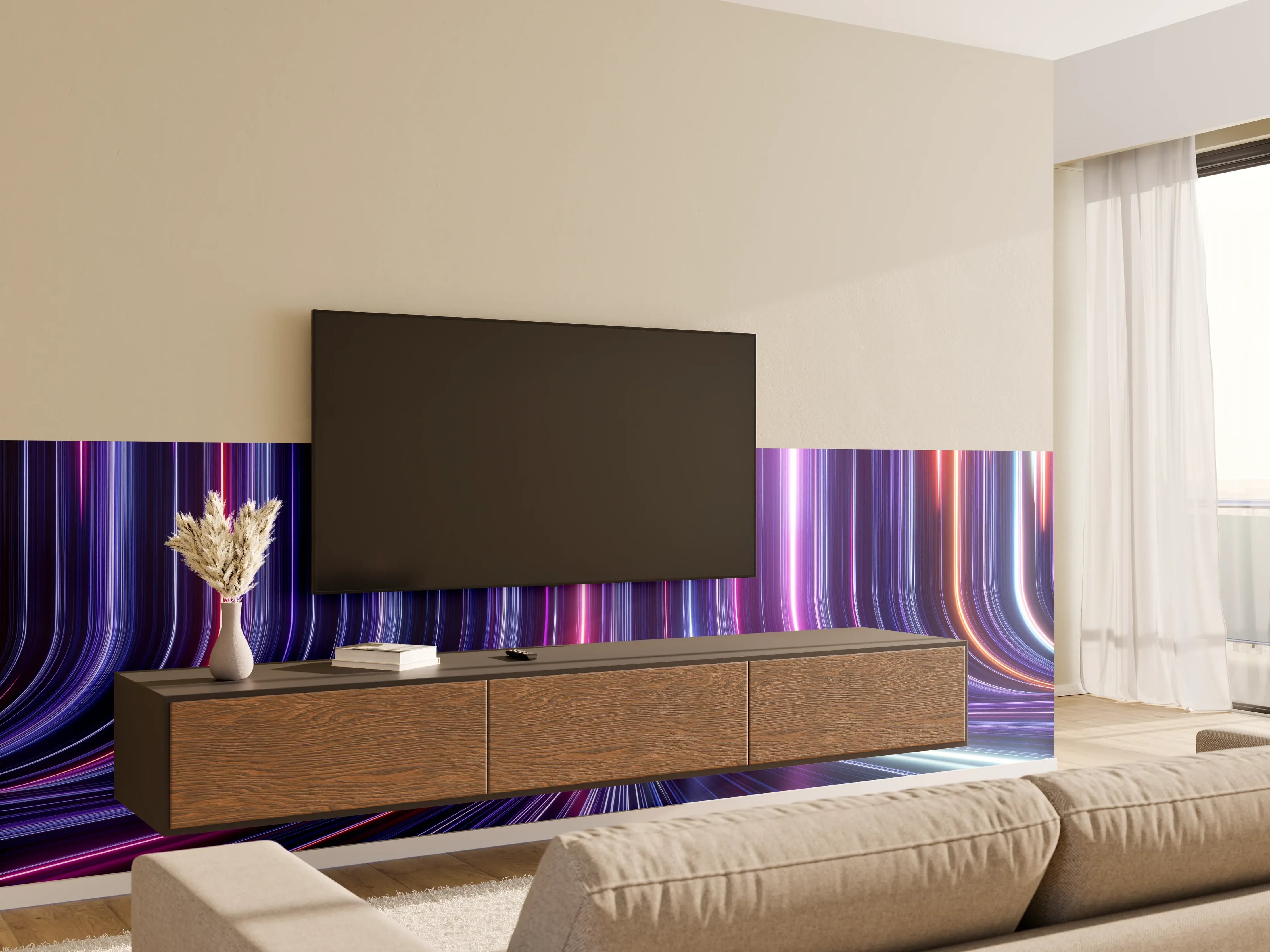 Wandverkleidung Wohnzimmer - Futuristische Lichterwelt in Neonfarben