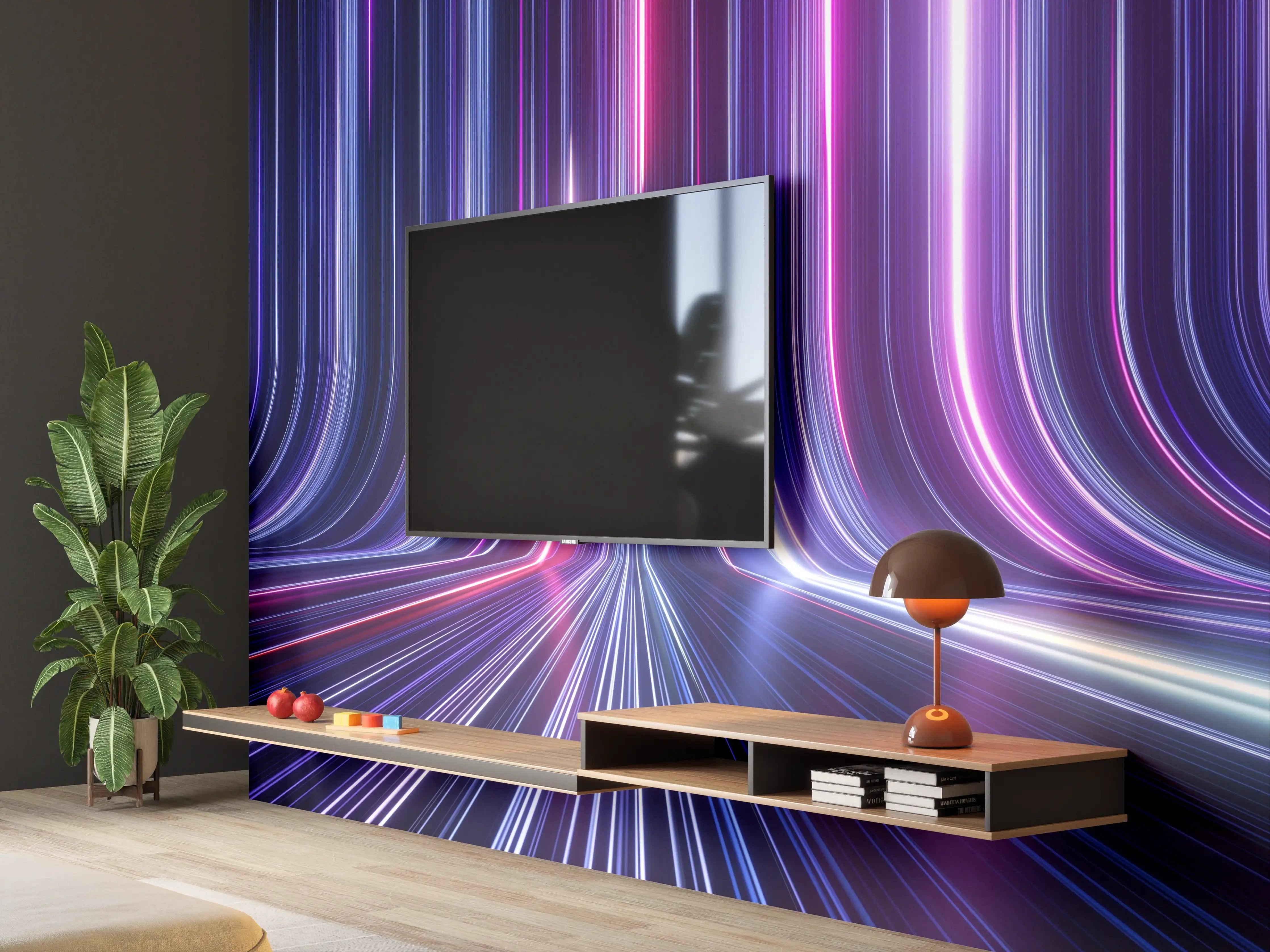 Wandverkleidung Wohnzimmer - Futuristische Lichterwelt in Neonfarben