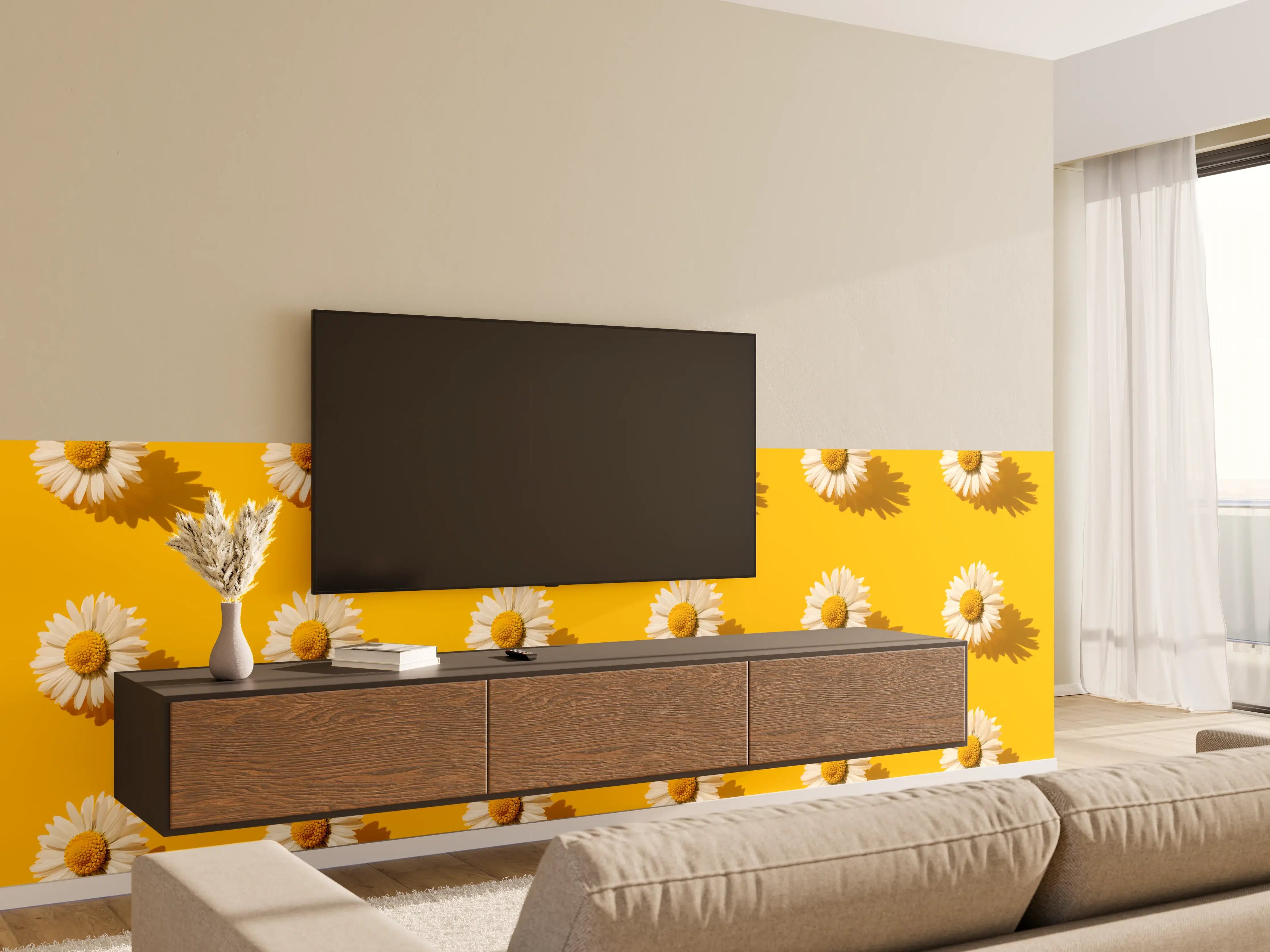 Wandverkleidung Wohnzimmer - Gänseblümchen Muster auf gelbem Hintergrund