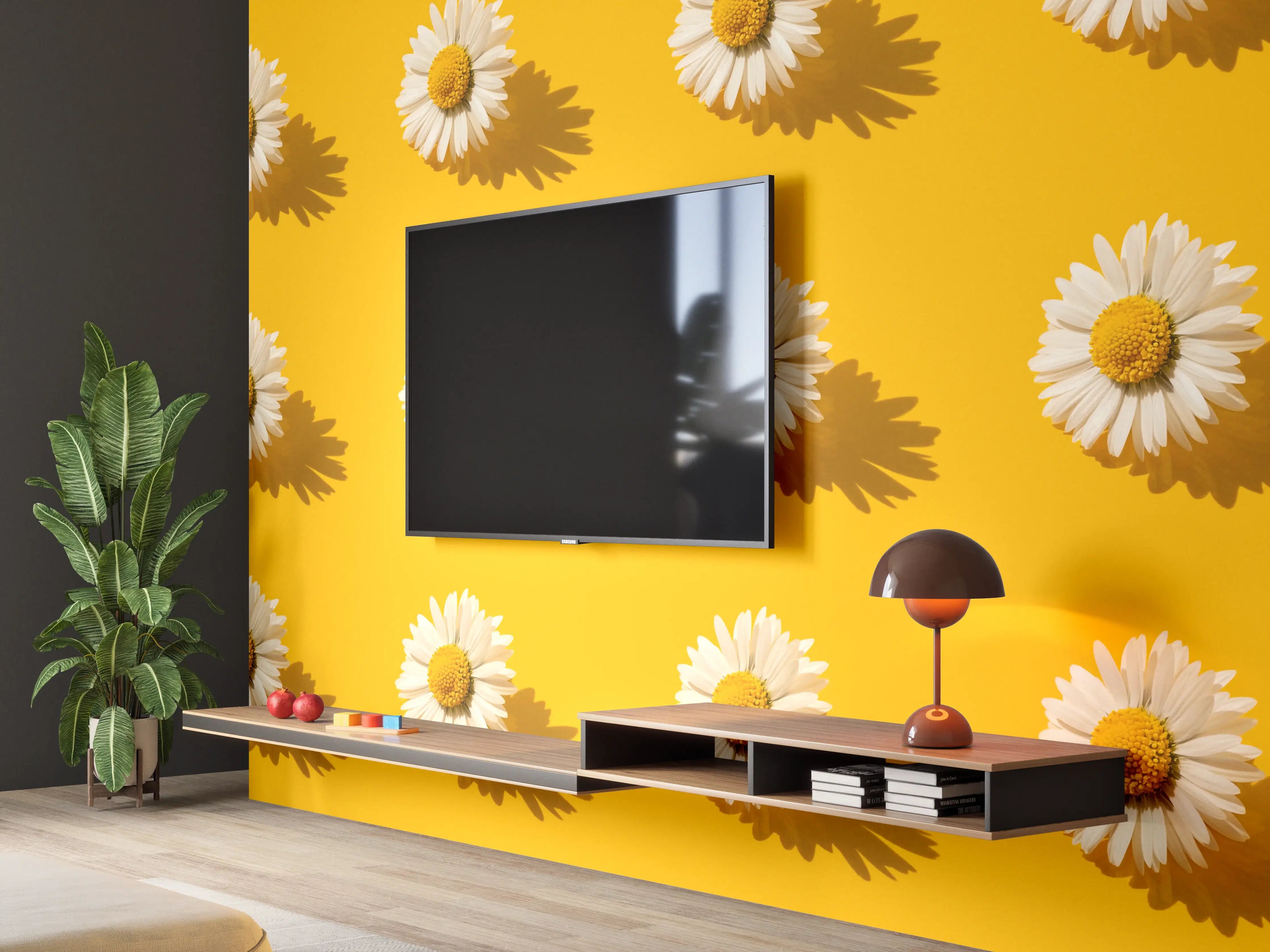 Wandverkleidung Wohnzimmer - Gänseblümchen Muster auf gelbem Hintergrund
