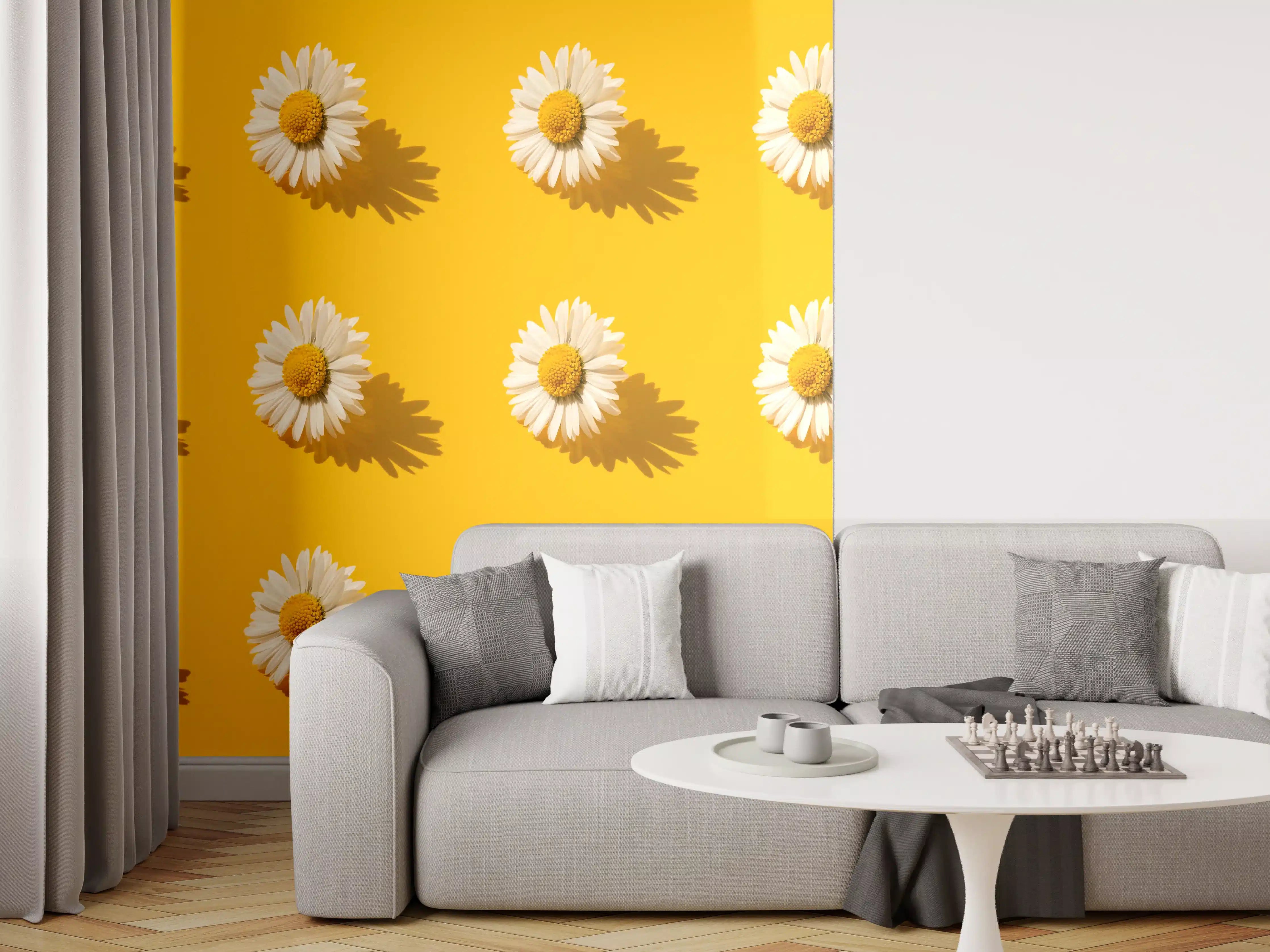 Wandverkleidung Wohnzimmer - Gänseblümchen Muster auf gelbem Hintergrund