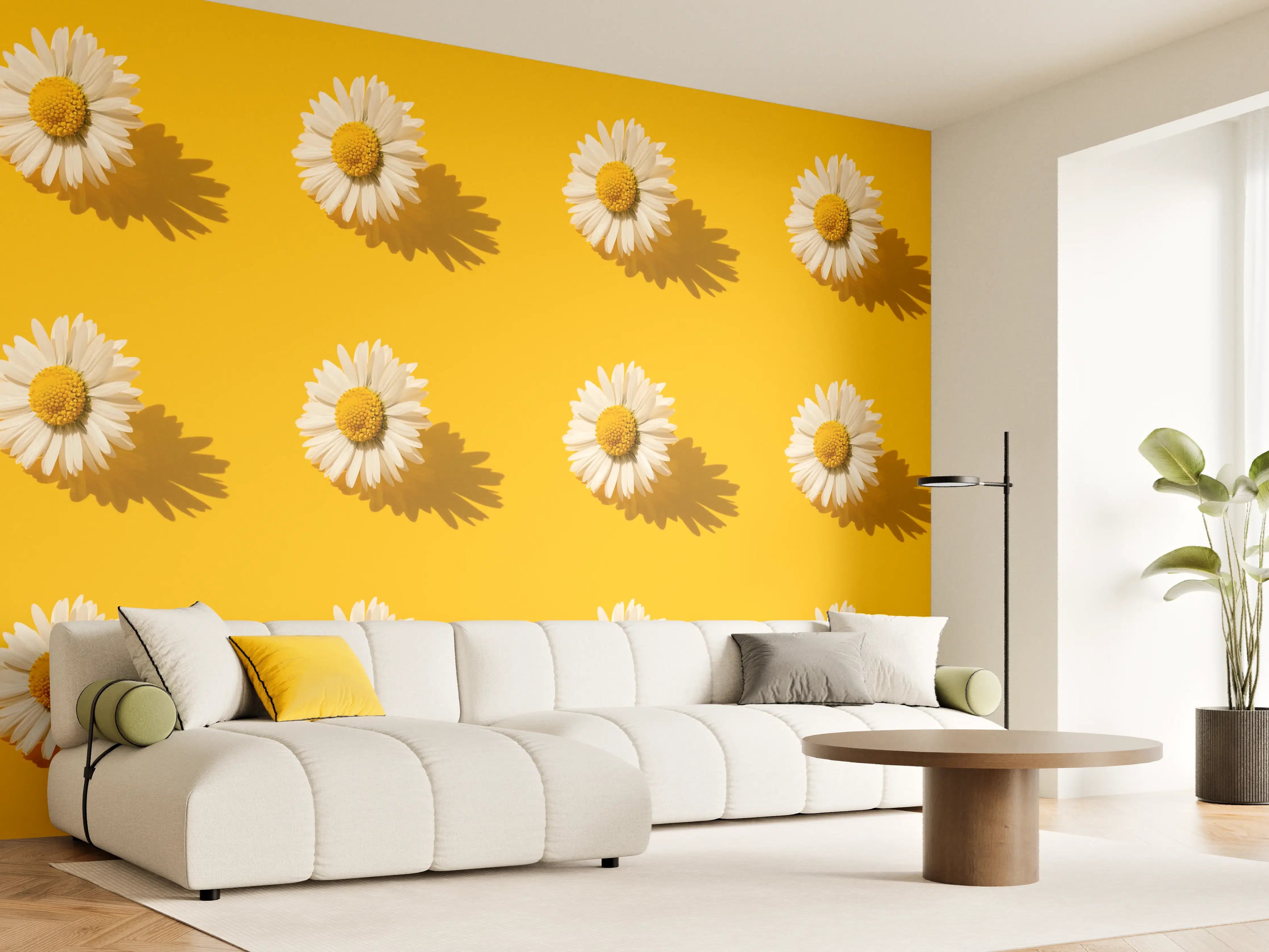 Wandverkleidung Wohnzimmer - Gänseblümchen Muster auf gelbem Hintergrund