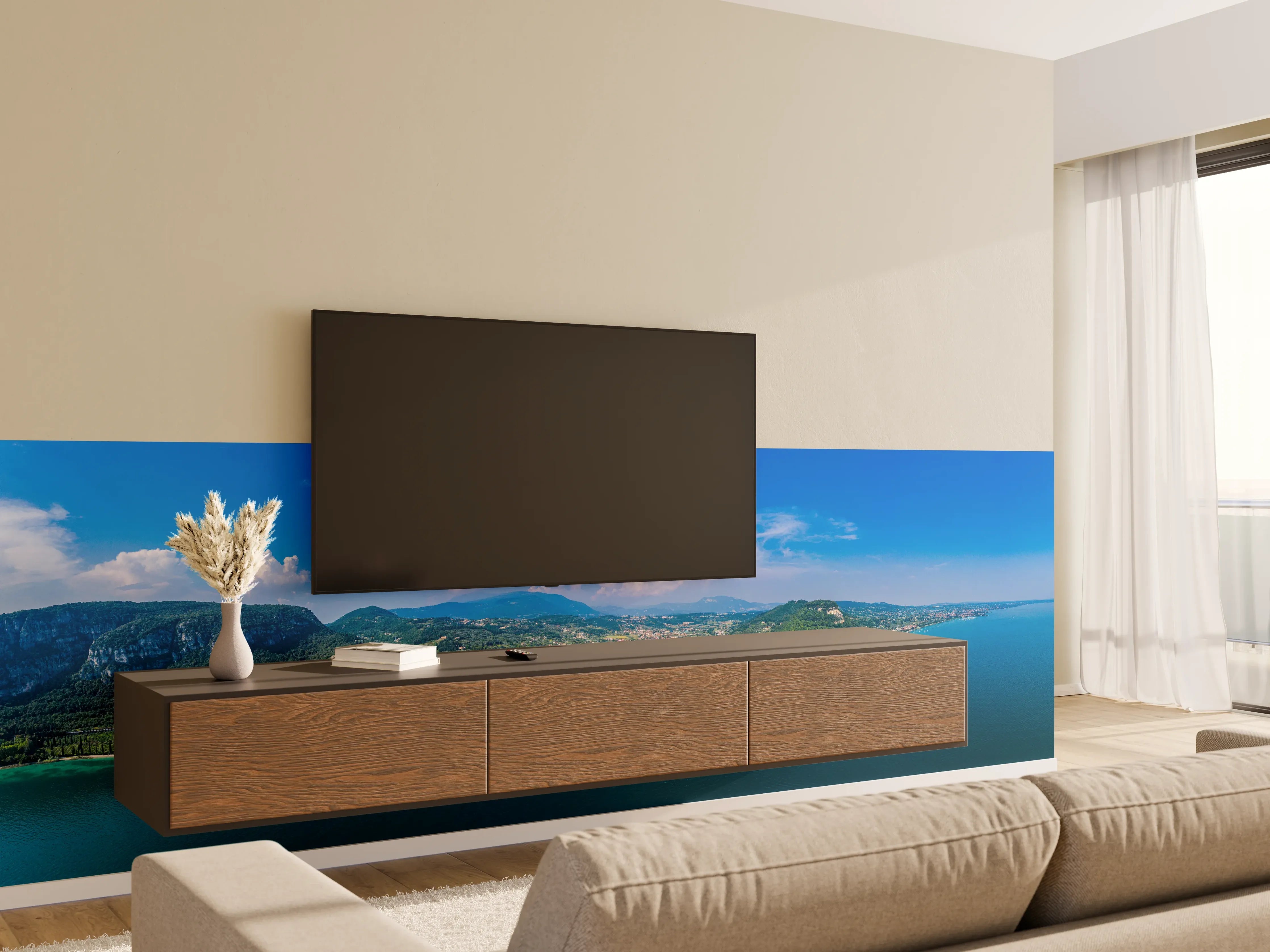Wandverkleidung Wohnzimmer - Gardasee Panorama Blau-Grün