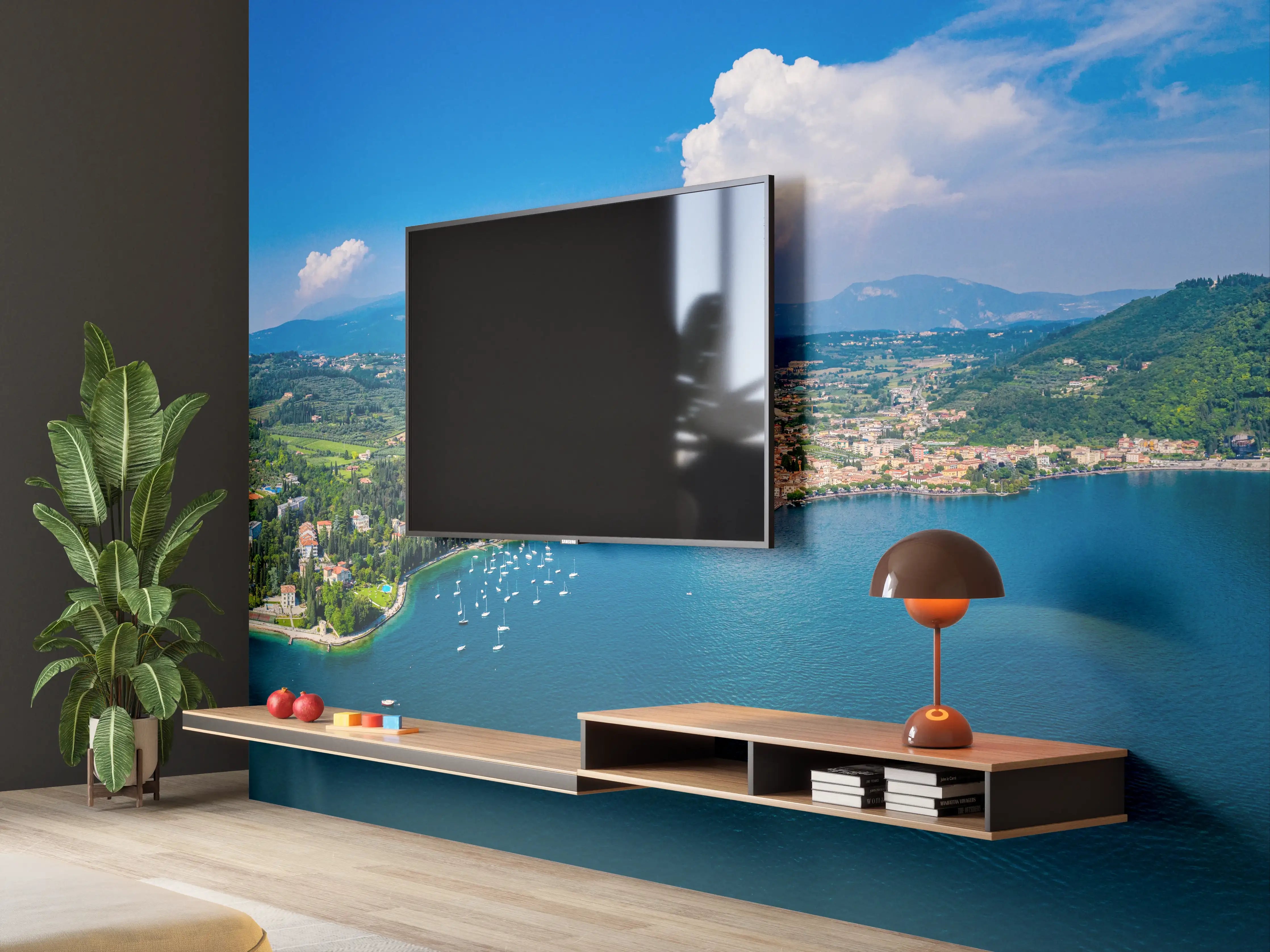 Wandverkleidung Wohnzimmer - Gardasee Panorama Blau-Grün