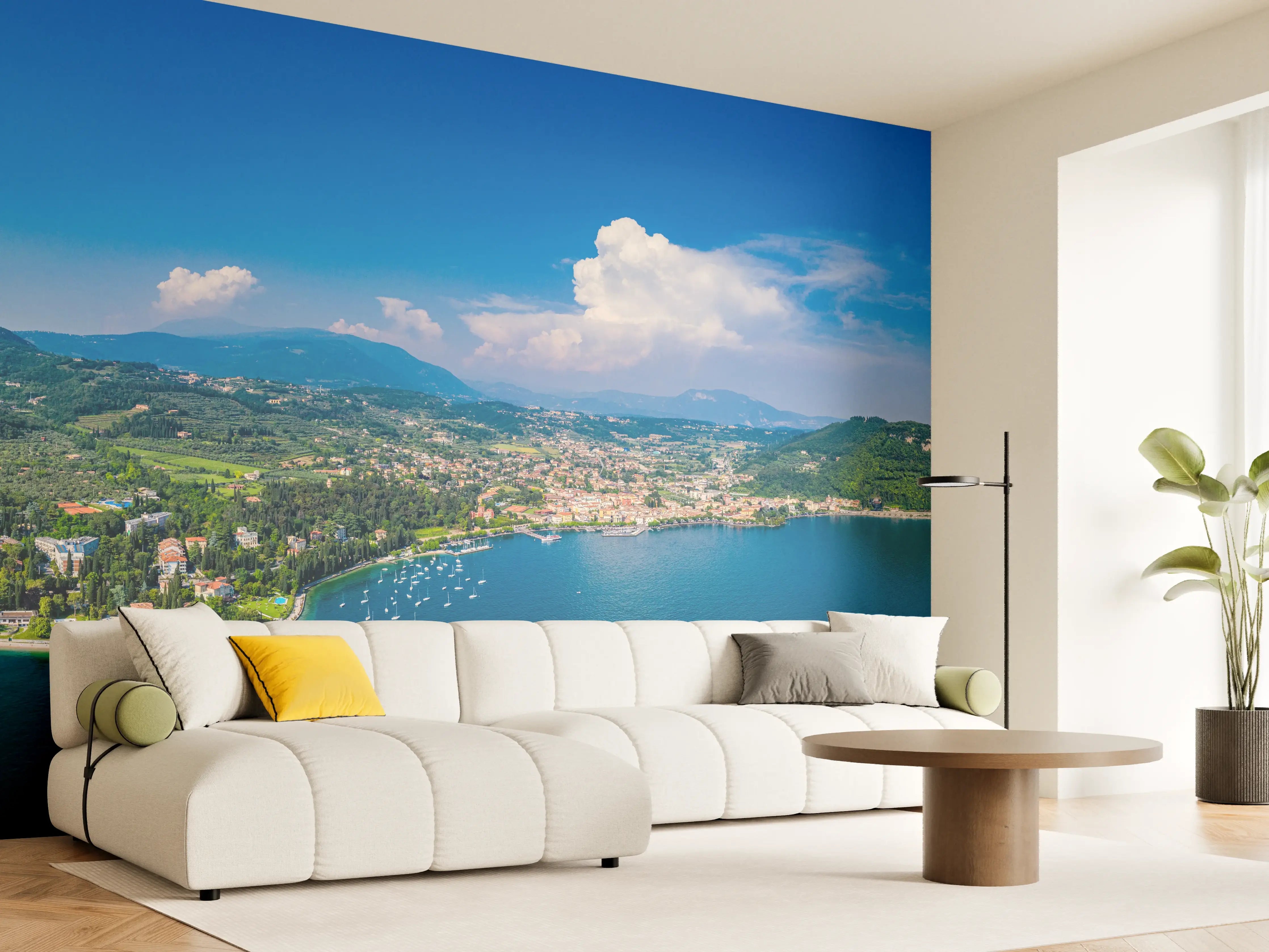 Wandverkleidung Wohnzimmer - Gardasee Panorama Blau-Grün