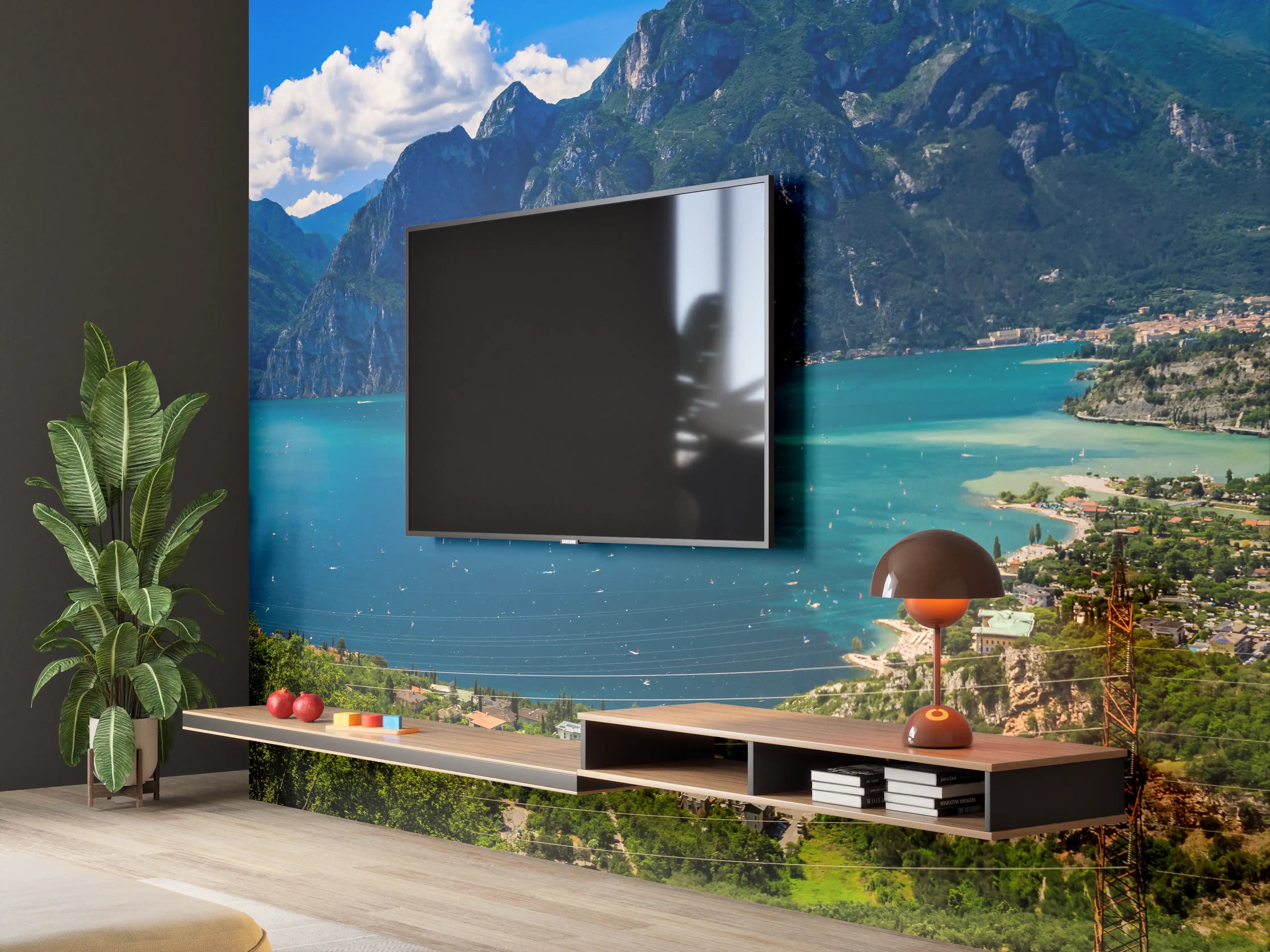 Wandverkleidung Wohnzimmer - Gardasee Panorama in Blau und Grün