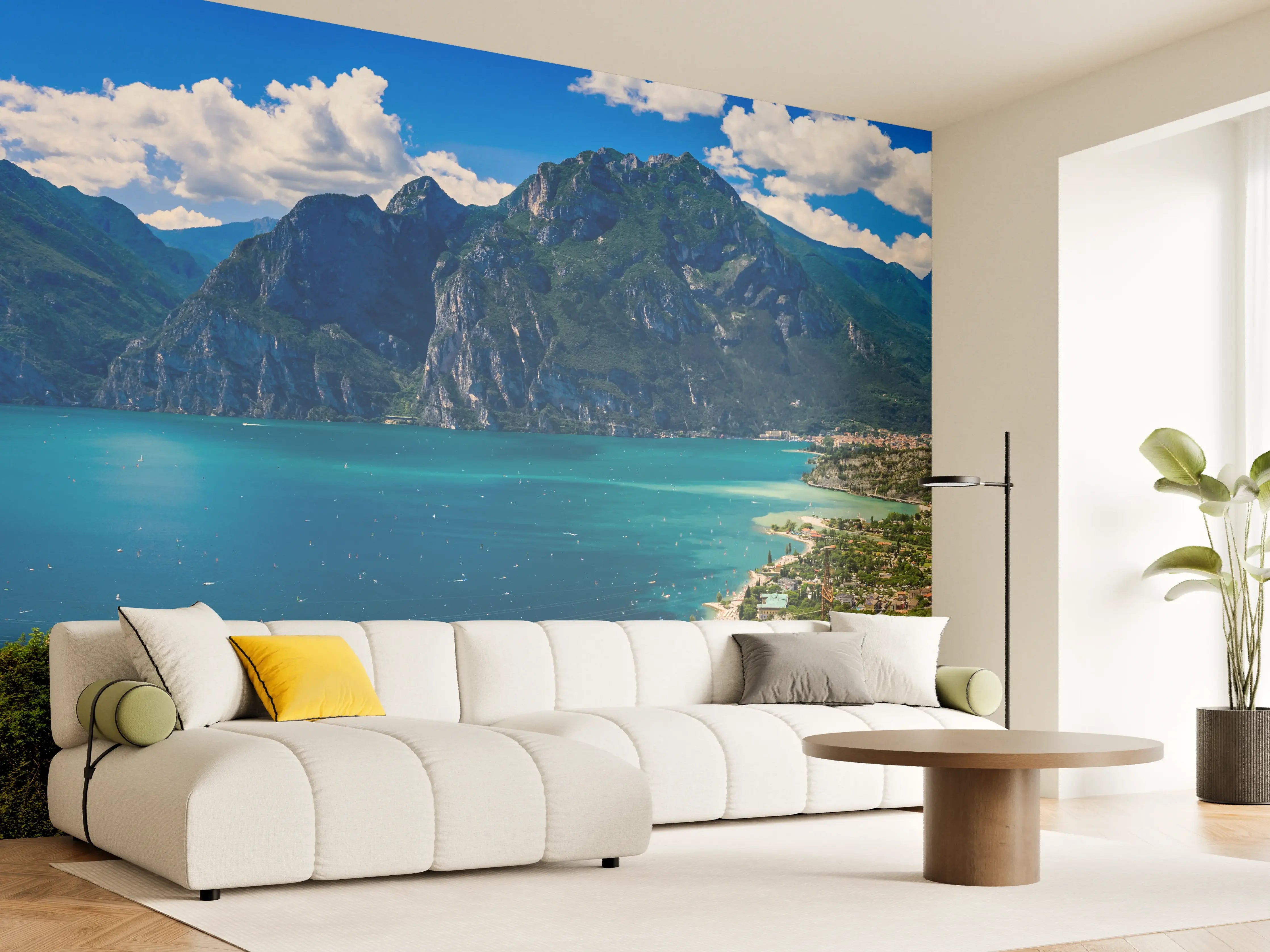 Wandverkleidung Wohnzimmer - Gardasee Panorama in Blau und Grün