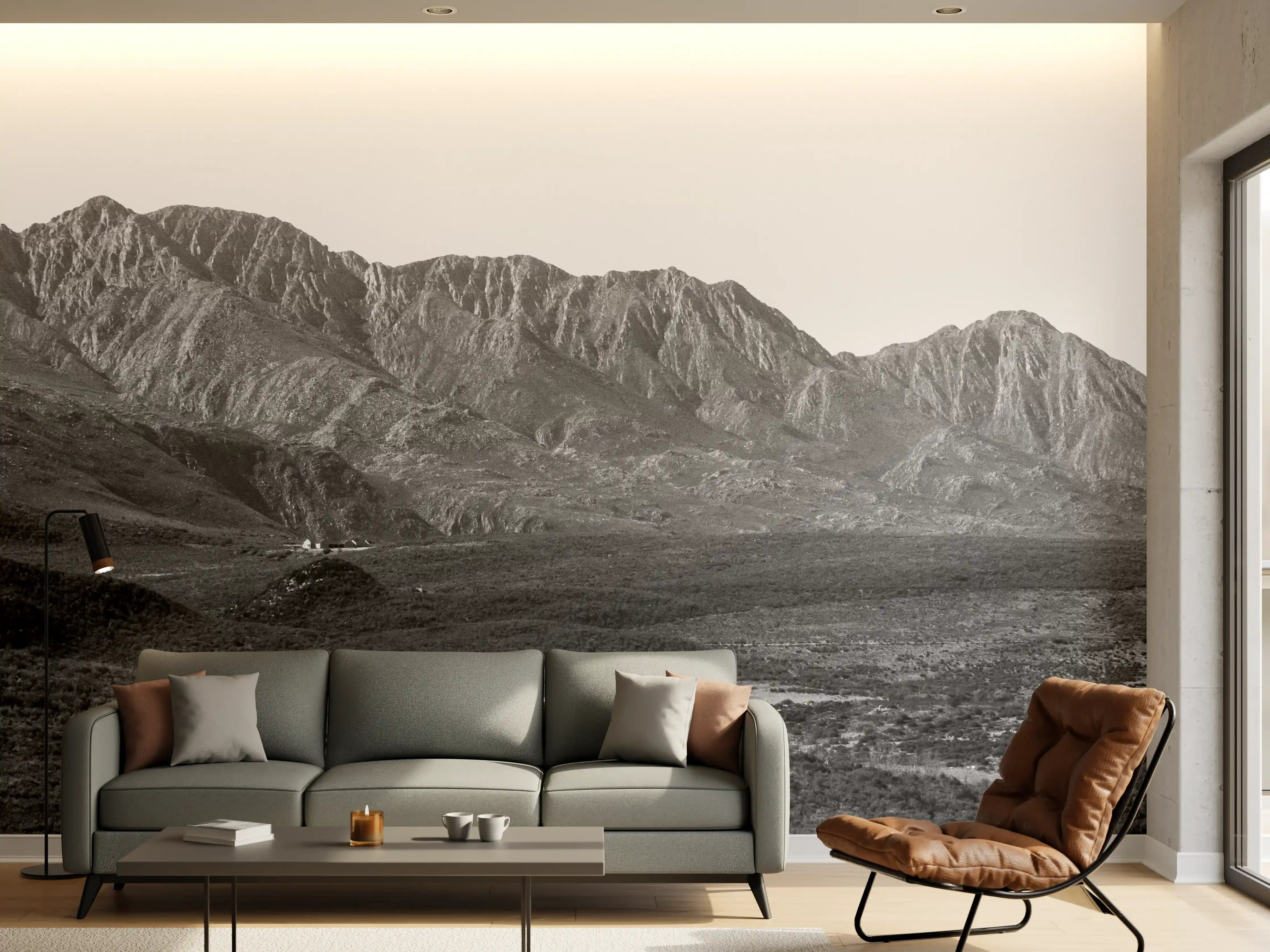 Wandverkleidung Wohnzimmer - Gebirgslandschaft in Schwarzweiß
