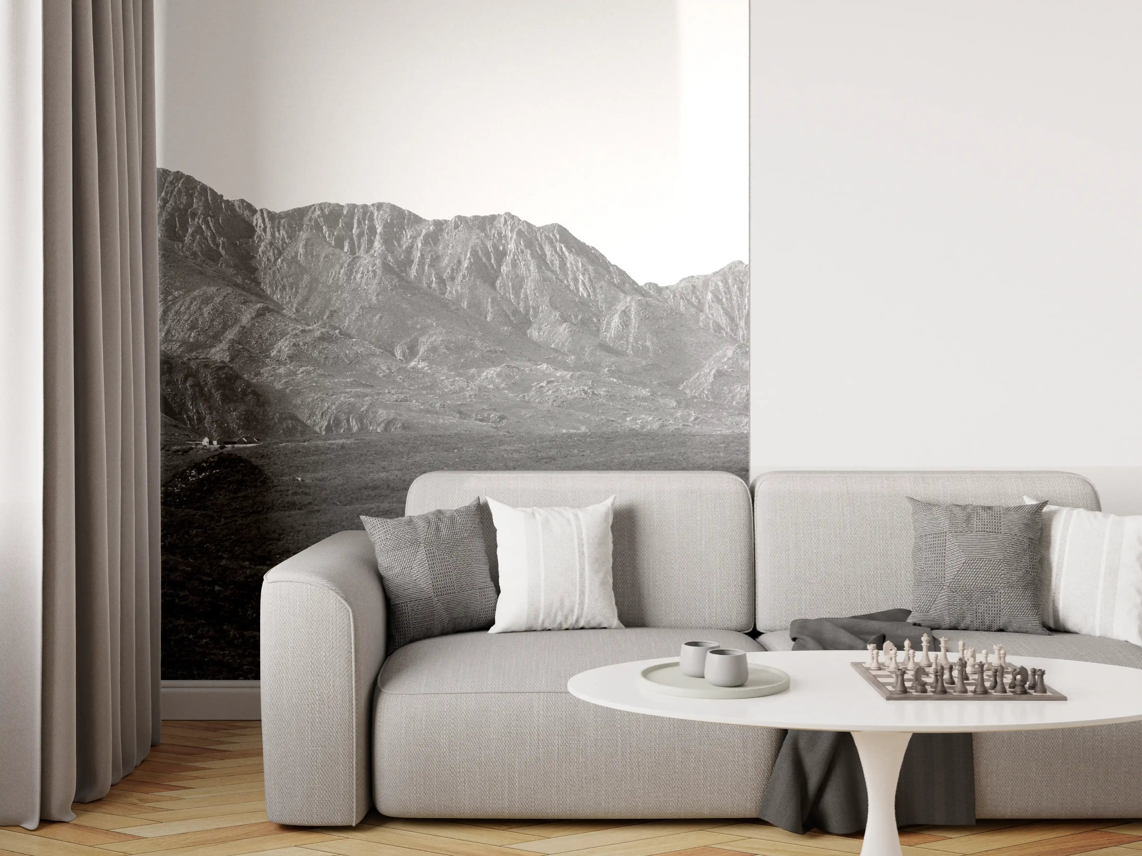 Wandverkleidung Wohnzimmer - Gebirgslandschaft in Schwarzweiß
