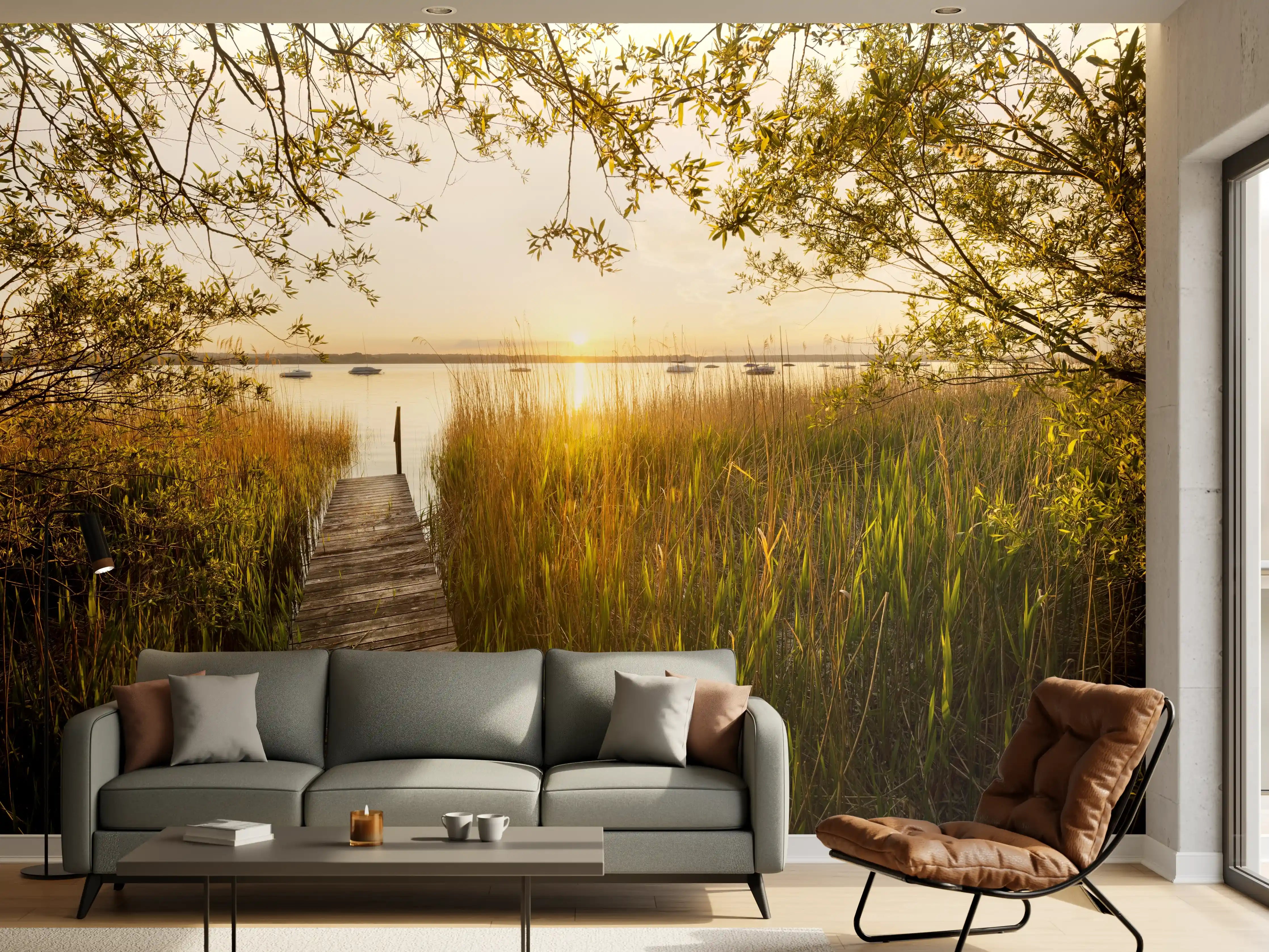Wandverkleidung Wohnzimmer - Gelassene Flusslandschaft bei Sonnenuntergang