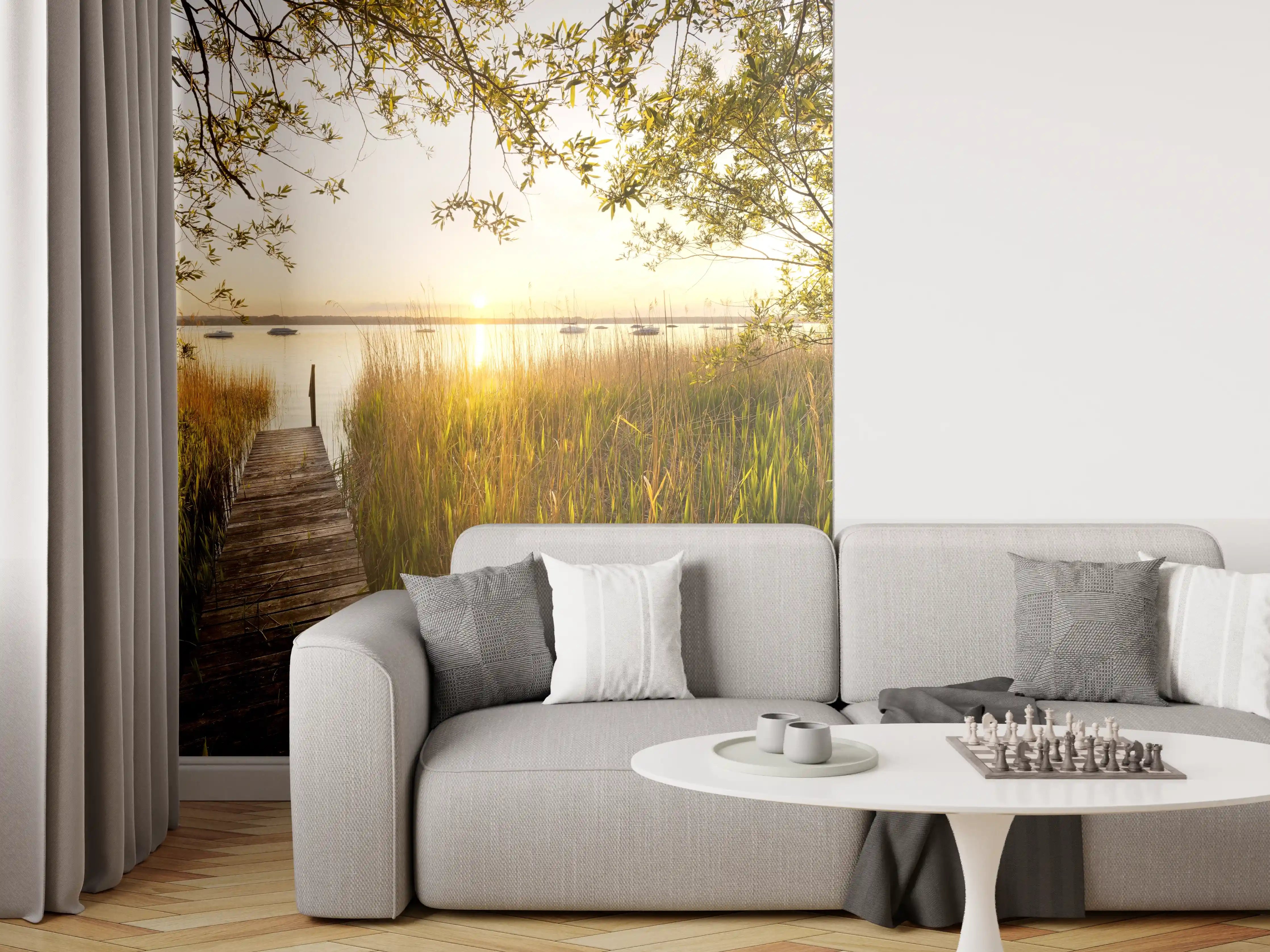 Wandverkleidung Wohnzimmer - Gelassene Flusslandschaft bei Sonnenuntergang