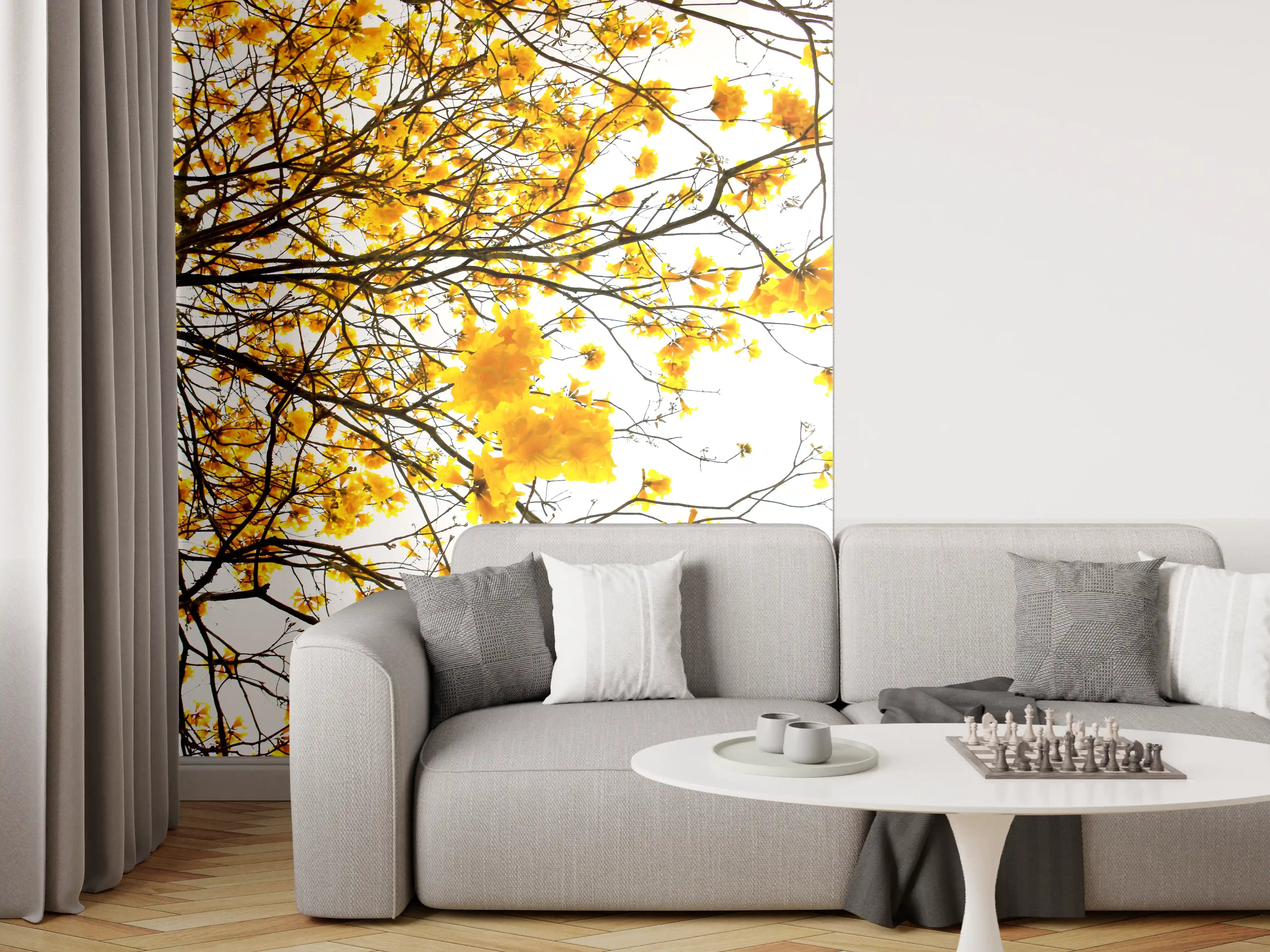 Wandverkleidung Wohnzimmer - Gelbe Blütenpracht im Frühlingshimmel