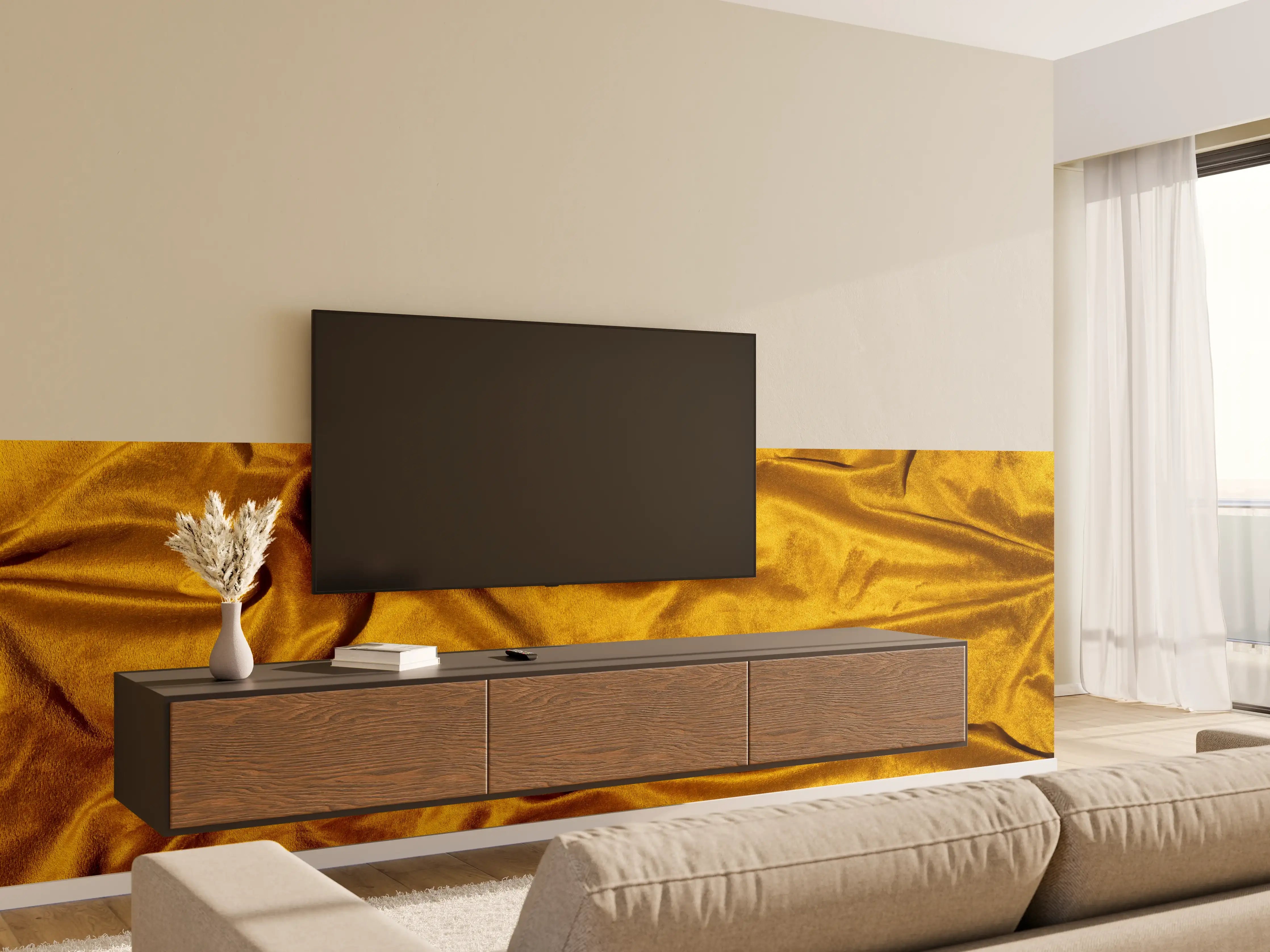Wandverkleidung Wohnzimmer - Gelbe Satin Seide