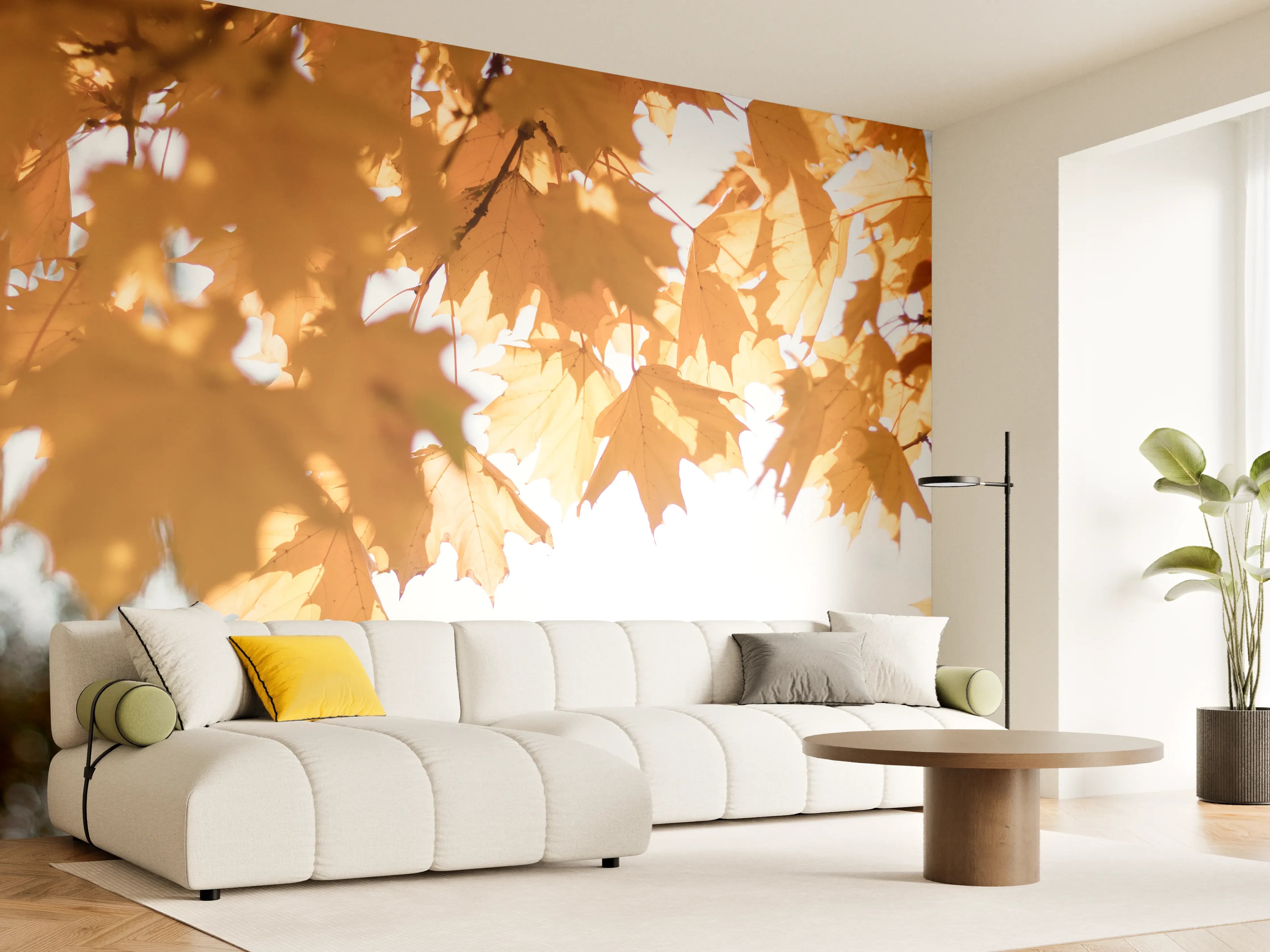 Wandverkleidung Wohnzimmer - Gelben Ahornblättern im Herbst