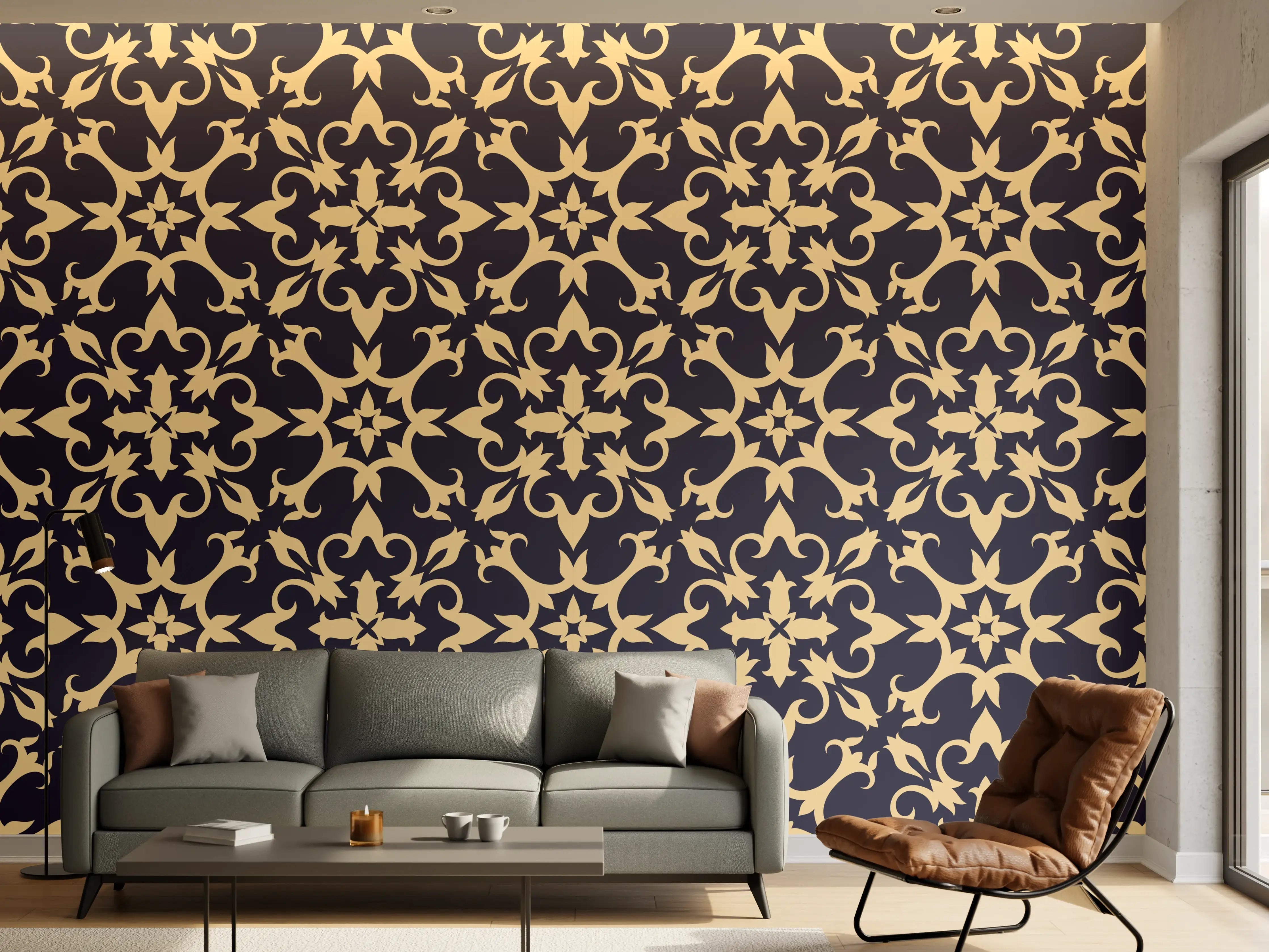 Wandverkleidung Wohnzimmer - Gelbes Ornament-Muster