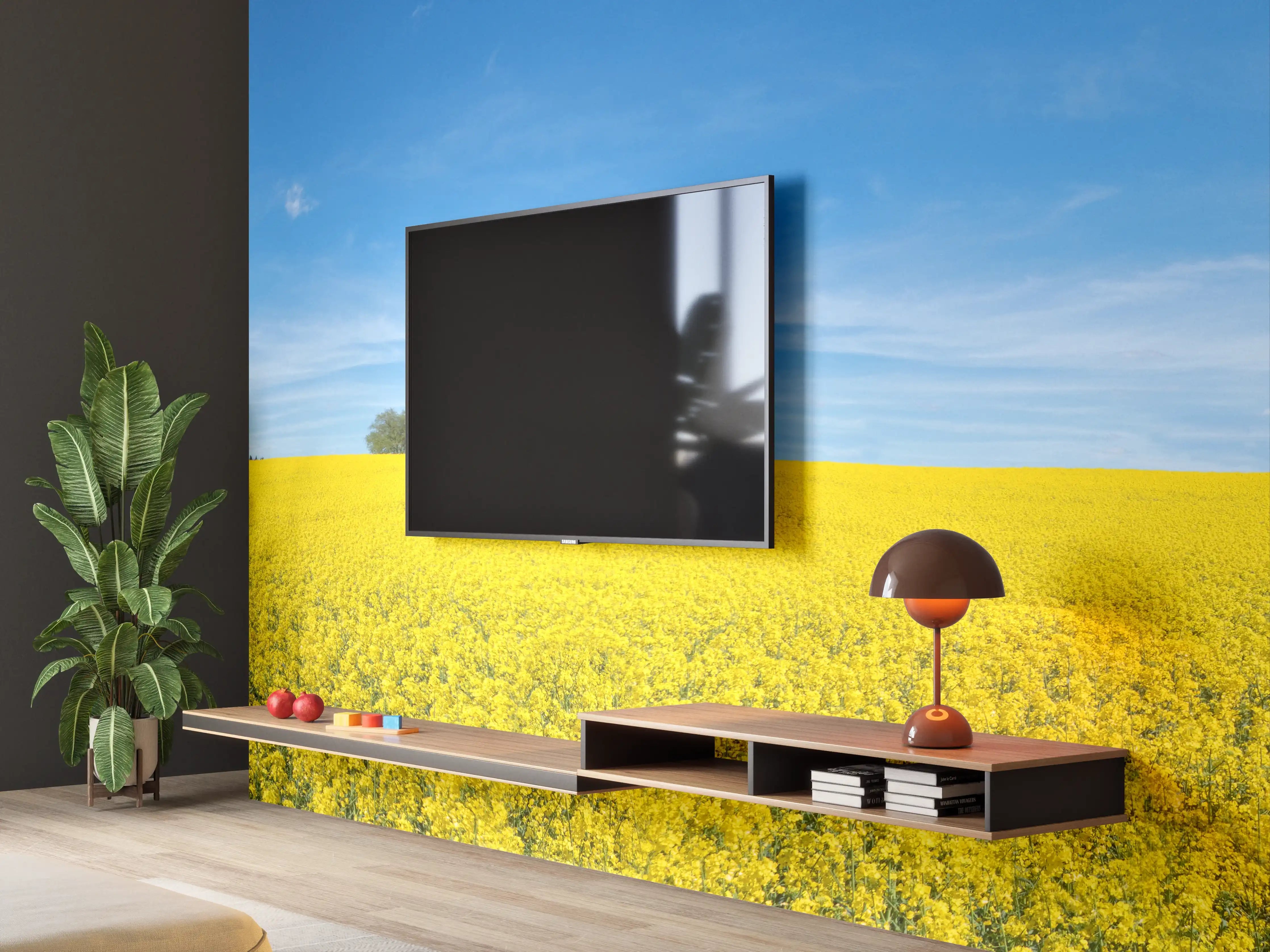 Wandverkleidung Wohnzimmer - Gelbes Rapsfeld blauer Himmel