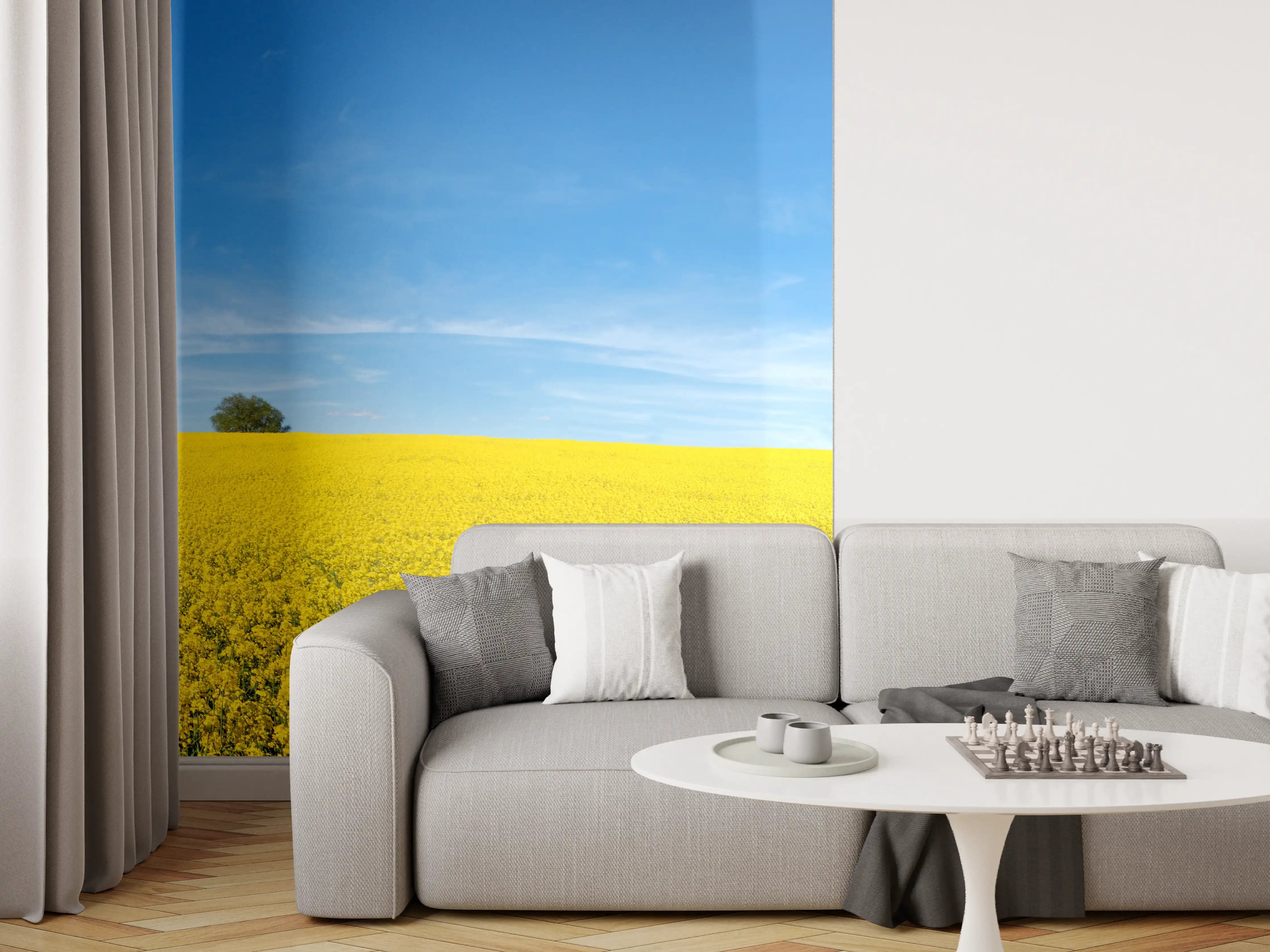 Wandverkleidung Wohnzimmer - Gelbes Rapsfeld blauer Himmel