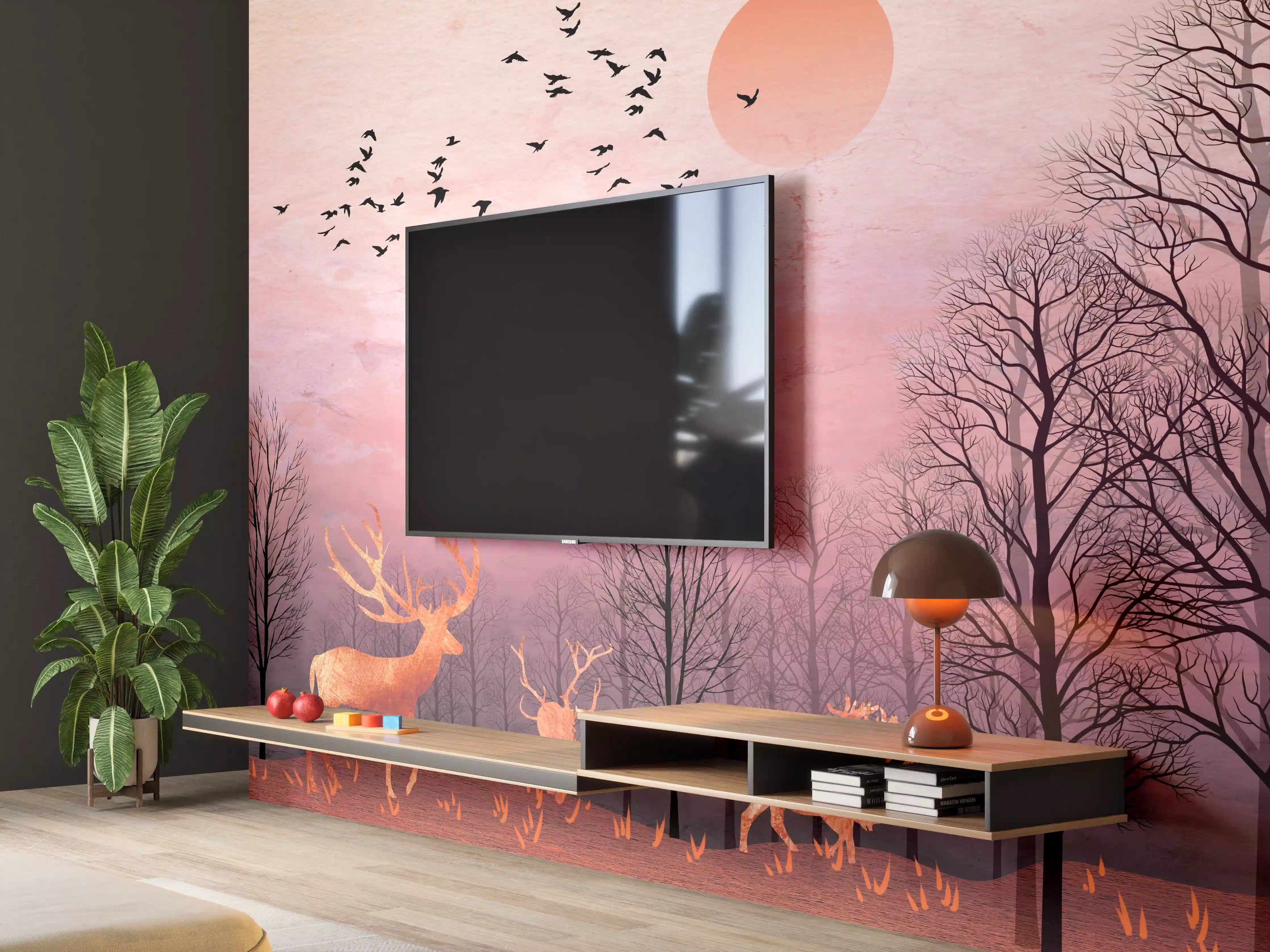 Wandverkleidung Wohnzimmer - Gemalte Landschaft mit Wildtieren