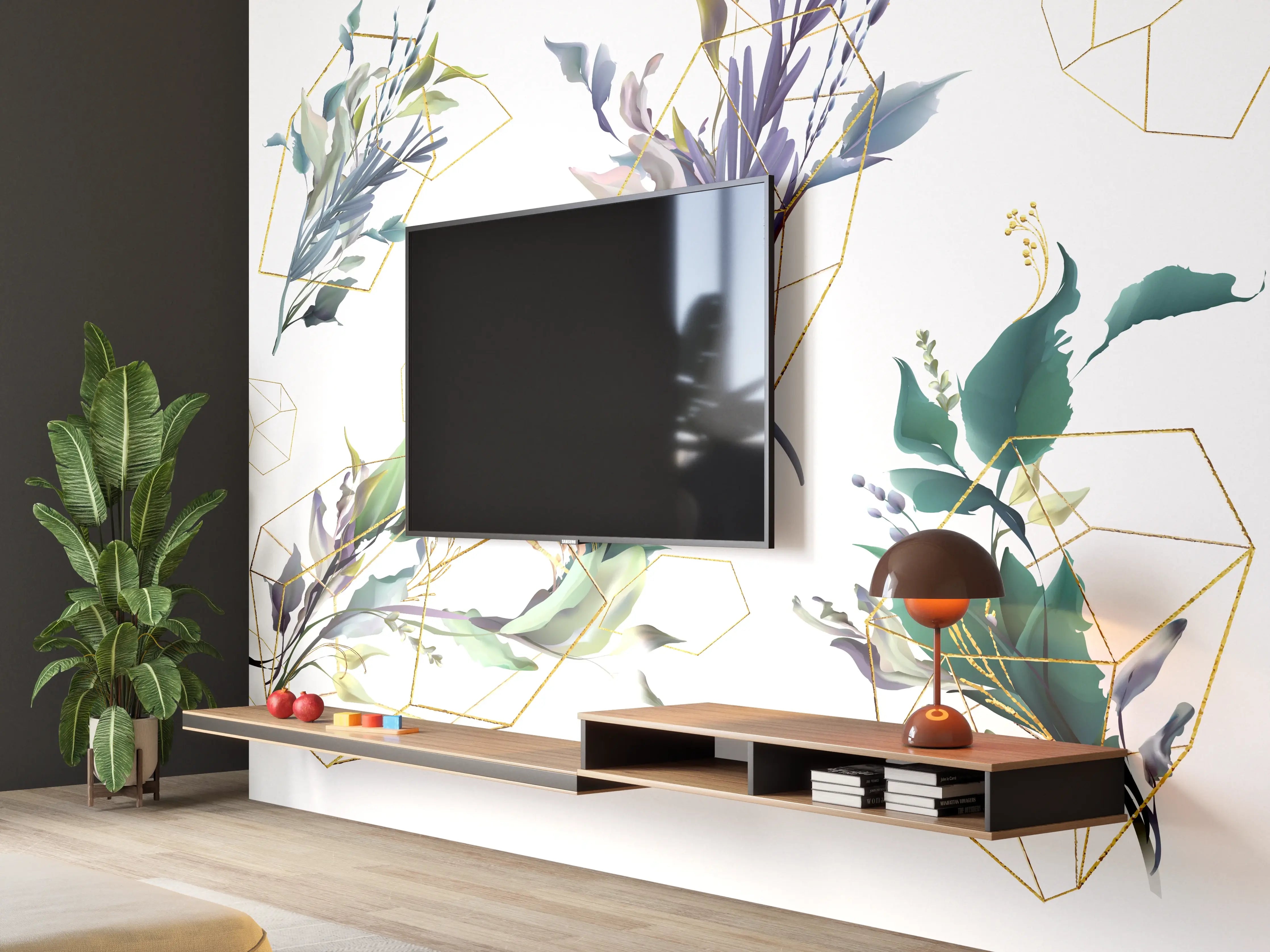 Wandverkleidung Wohnzimmer - Geometrisch-Florales Kunstwerk