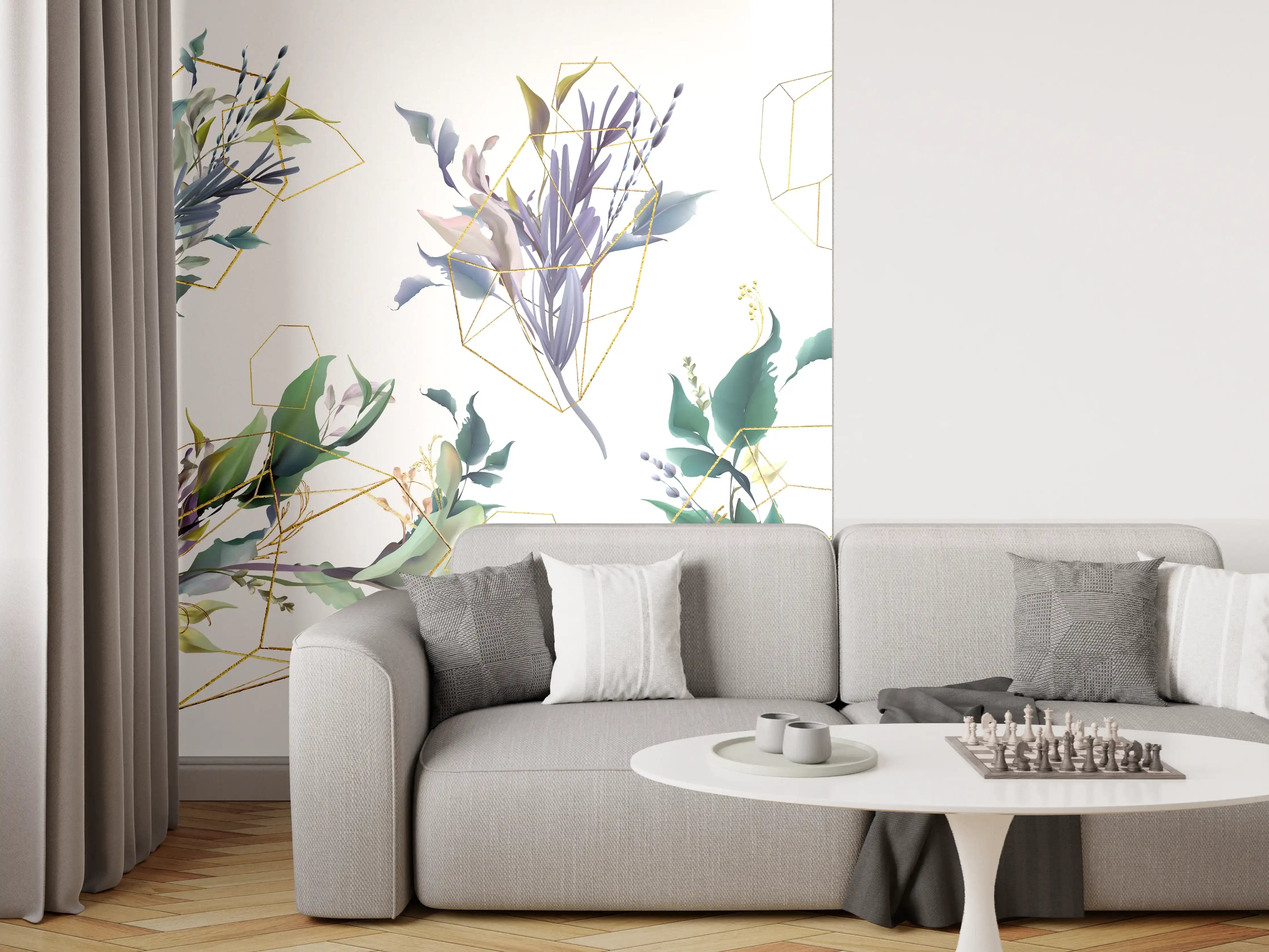 Wandverkleidung Wohnzimmer - Geometrisch-Florales Kunstwerk