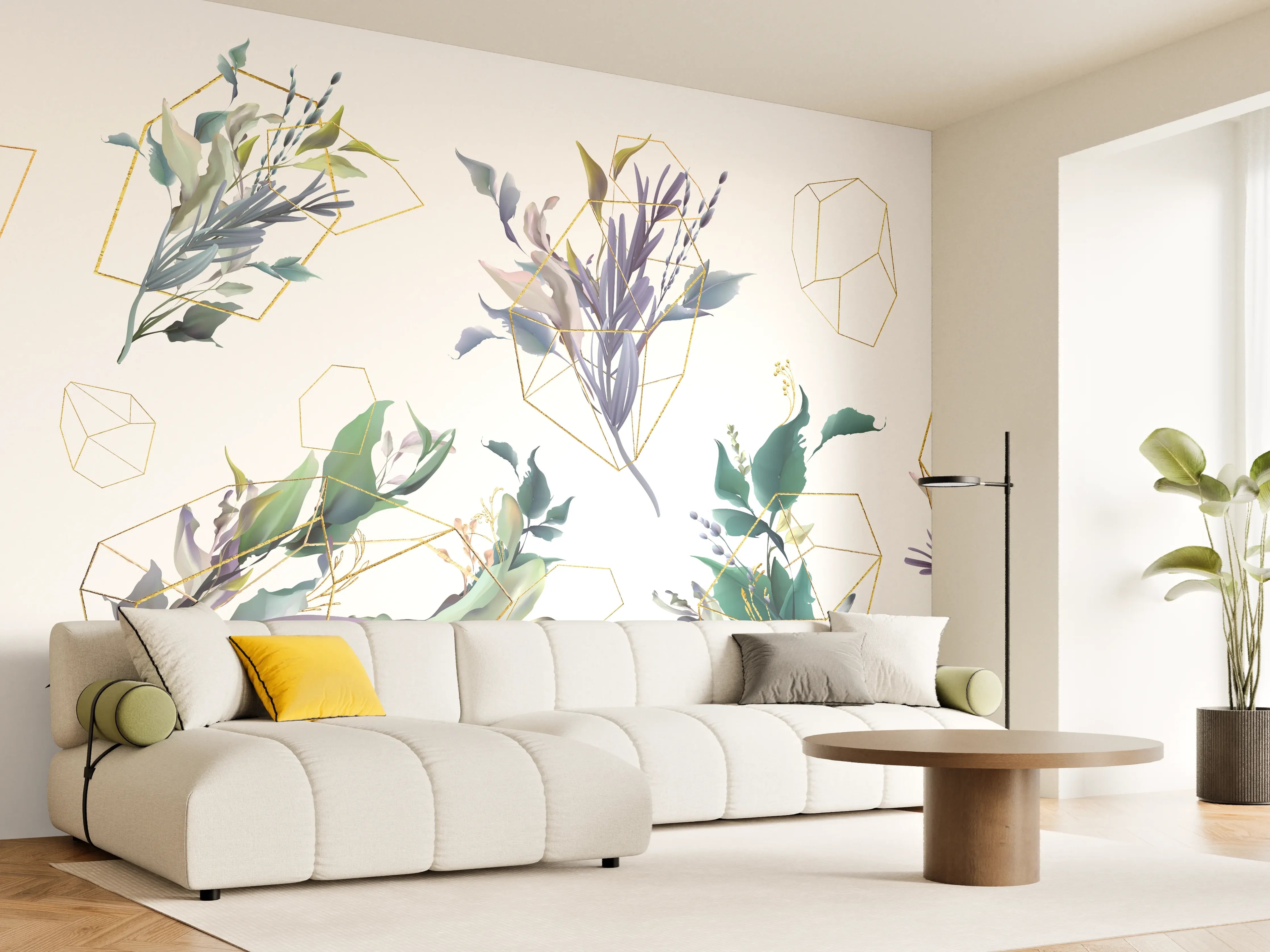 Wandverkleidung Wohnzimmer - Geometrisch-Florales Kunstwerk