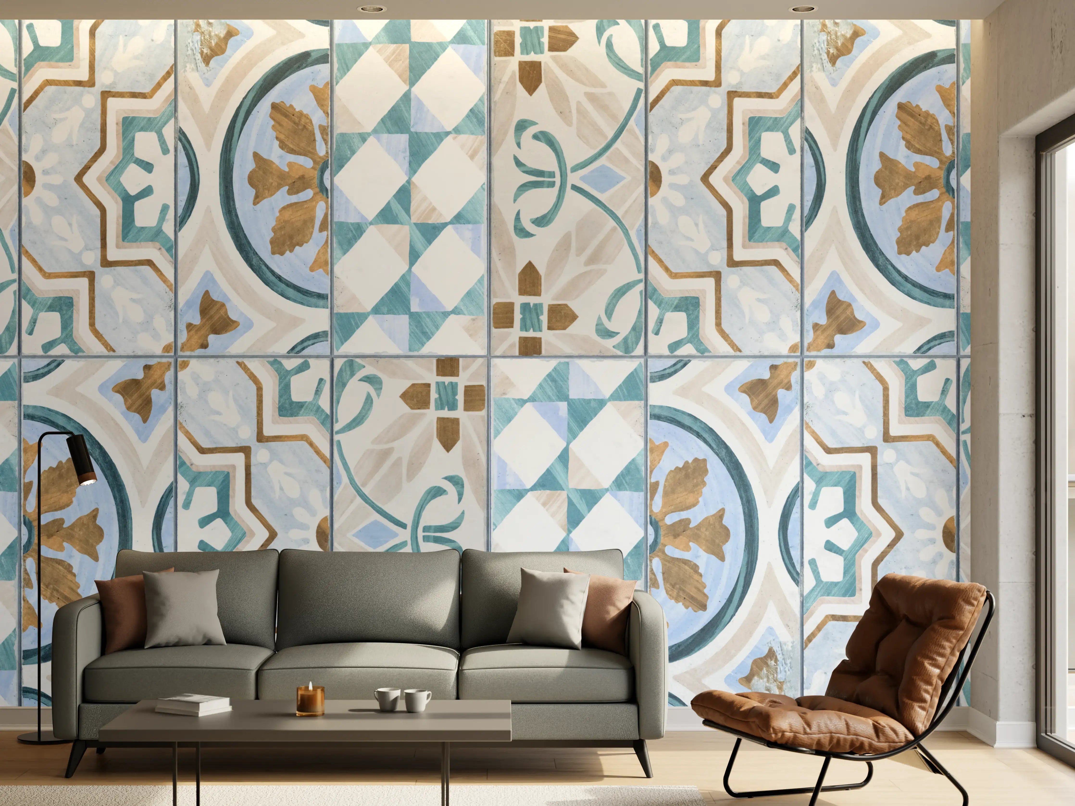 Wandverkleidung Wohnzimmer - Geometrisch rechteckige Fliesen