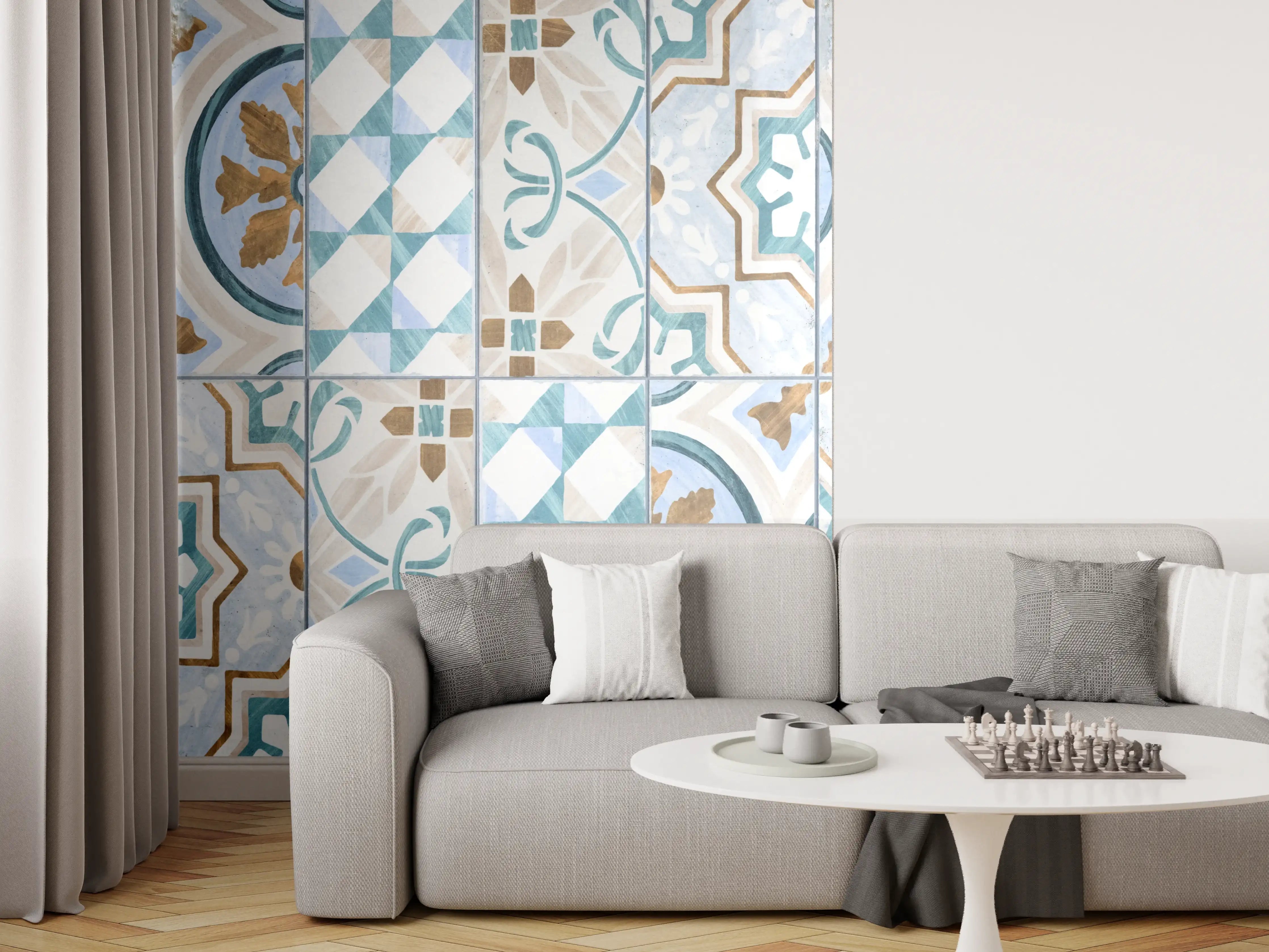 Wandverkleidung Wohnzimmer - Geometrisch rechteckige Fliesen