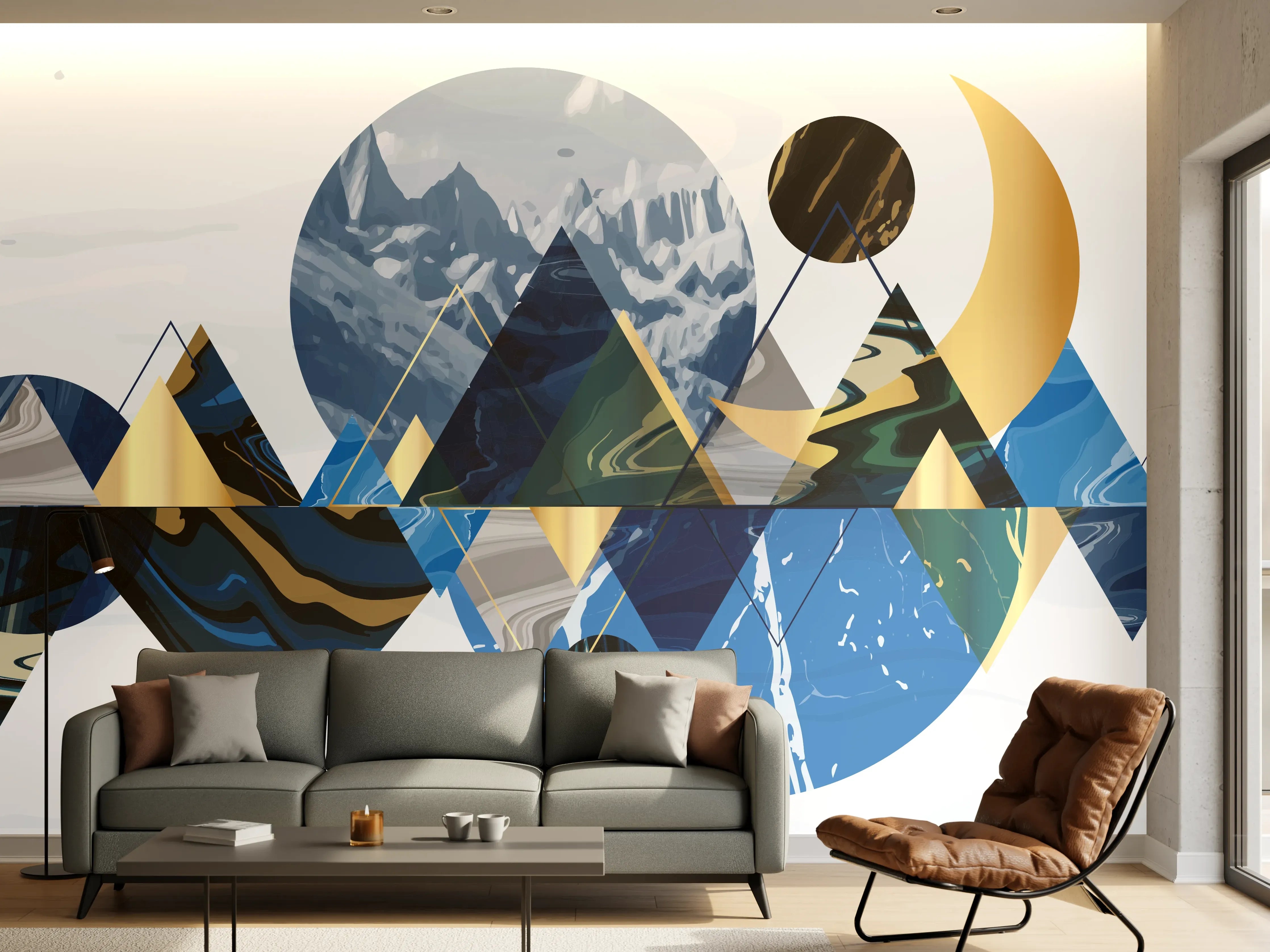 Wandverkleidung Wohnzimmer - Geometrische Berglandschaft in Blau