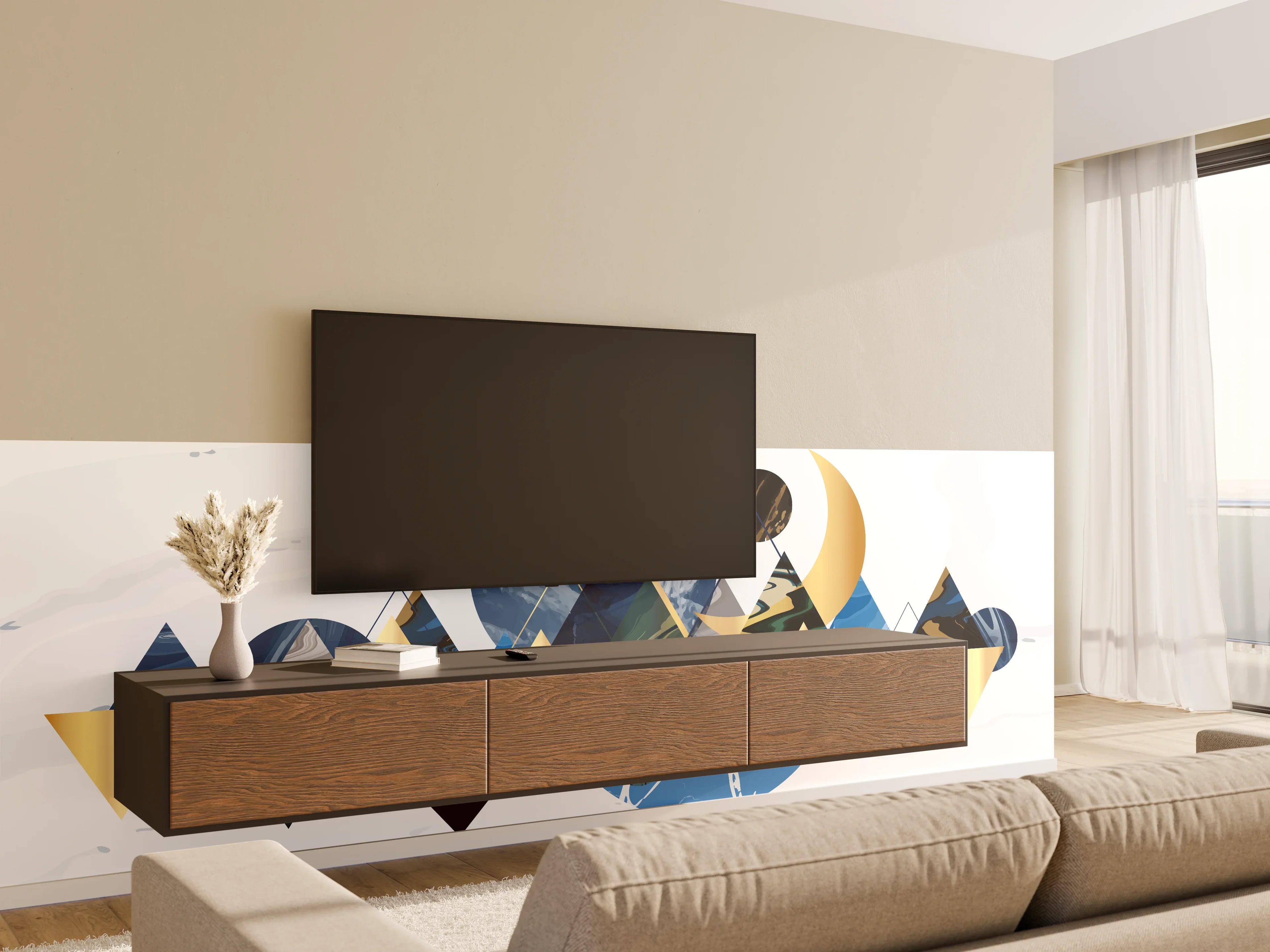 Wandverkleidung Wohnzimmer - Geometrische Berglandschaft in Blau