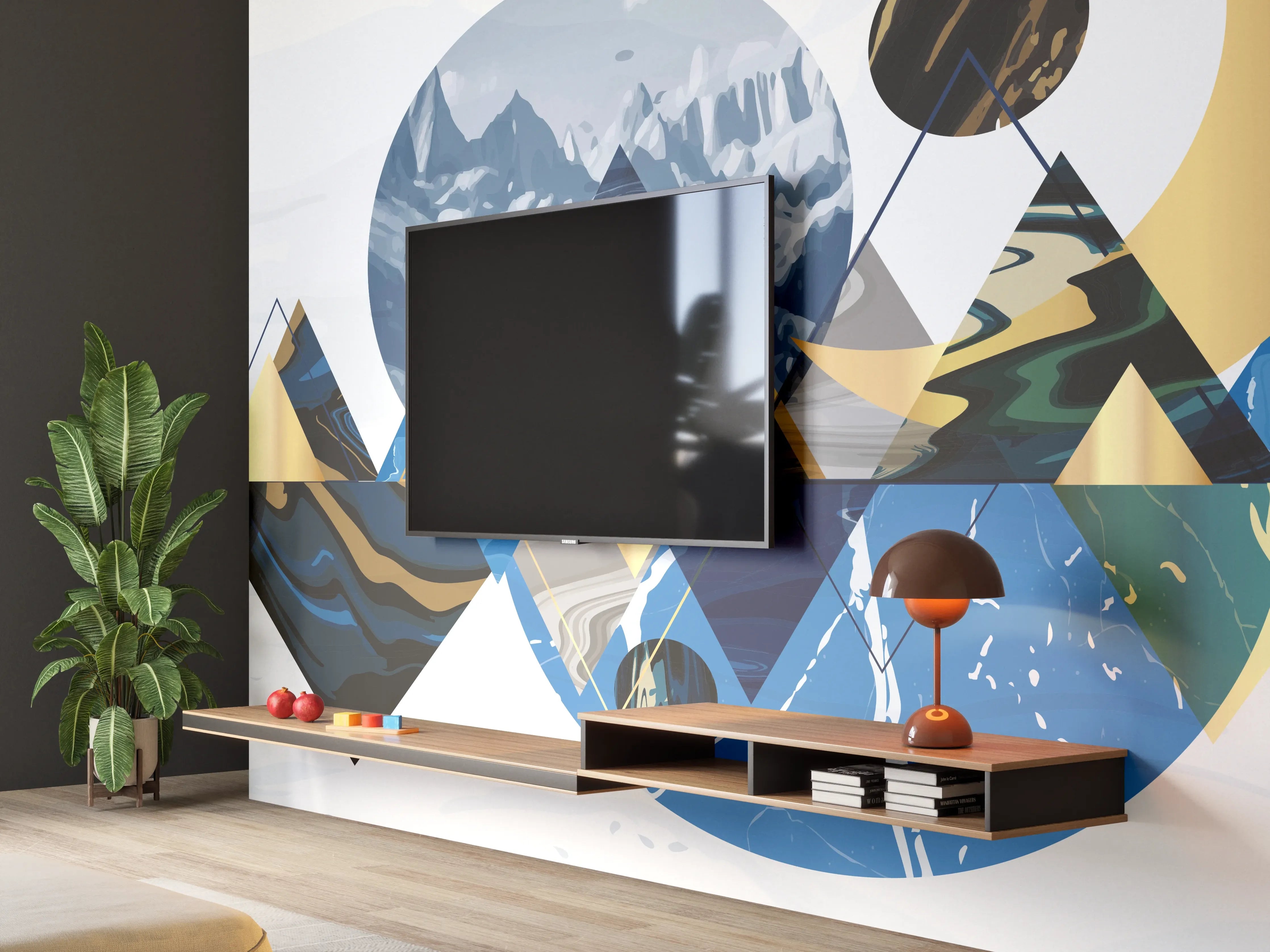 Wandverkleidung Wohnzimmer - Geometrische Berglandschaft in Blau