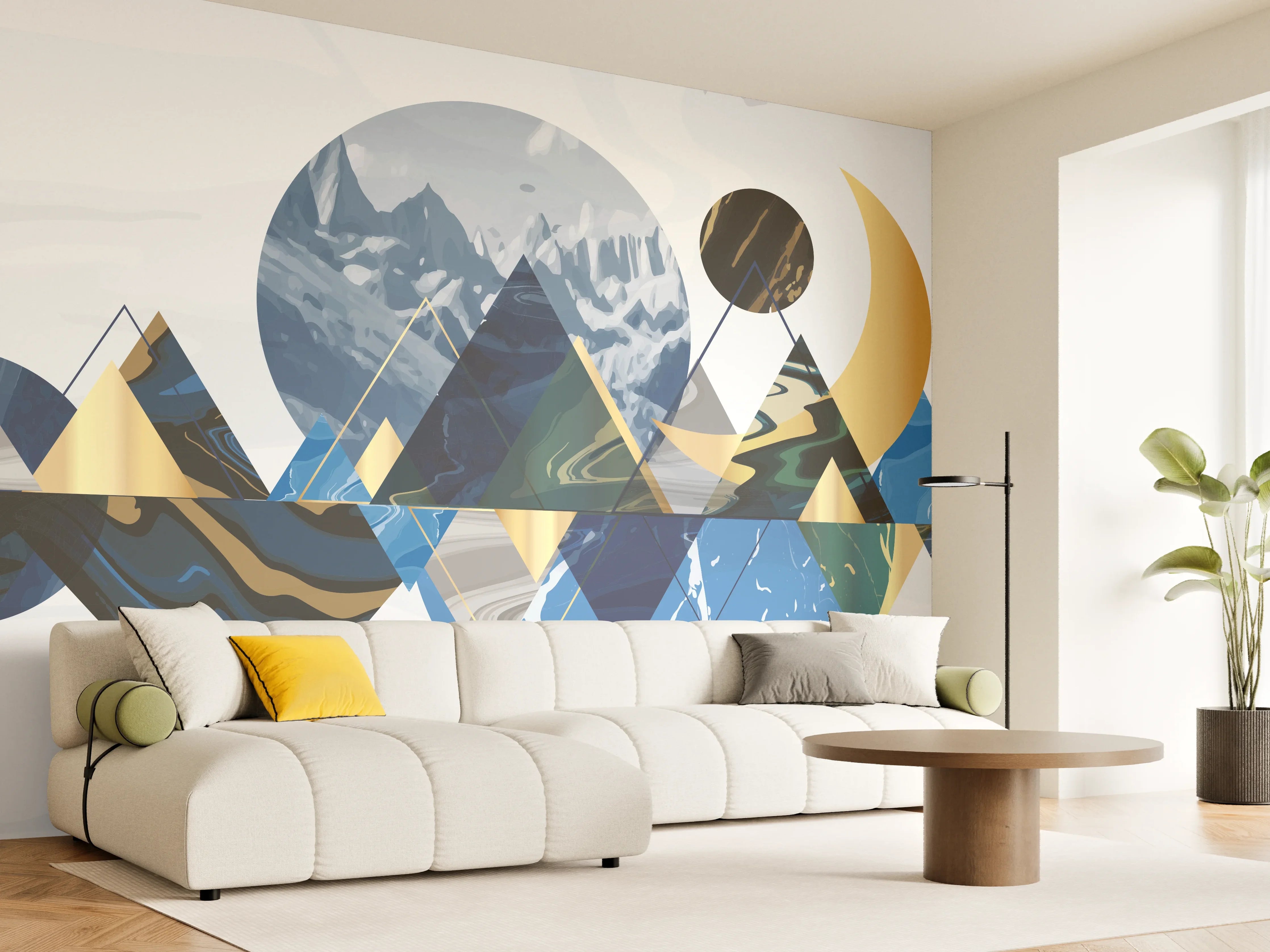 Wandverkleidung Wohnzimmer - Geometrische Berglandschaft in Blau