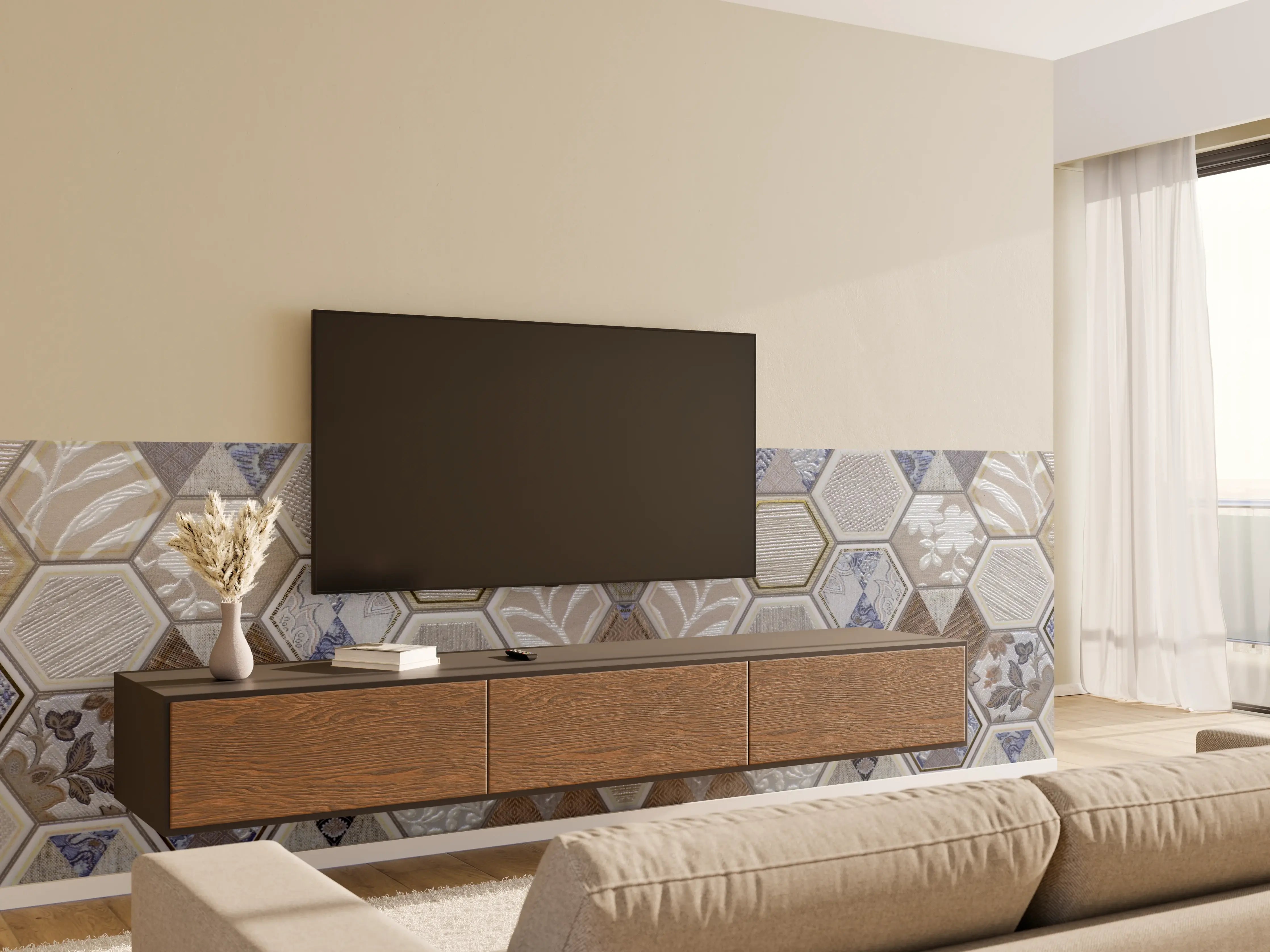 Wandverkleidung Wohnzimmer - Geometrische Blau-Beige Fliesen