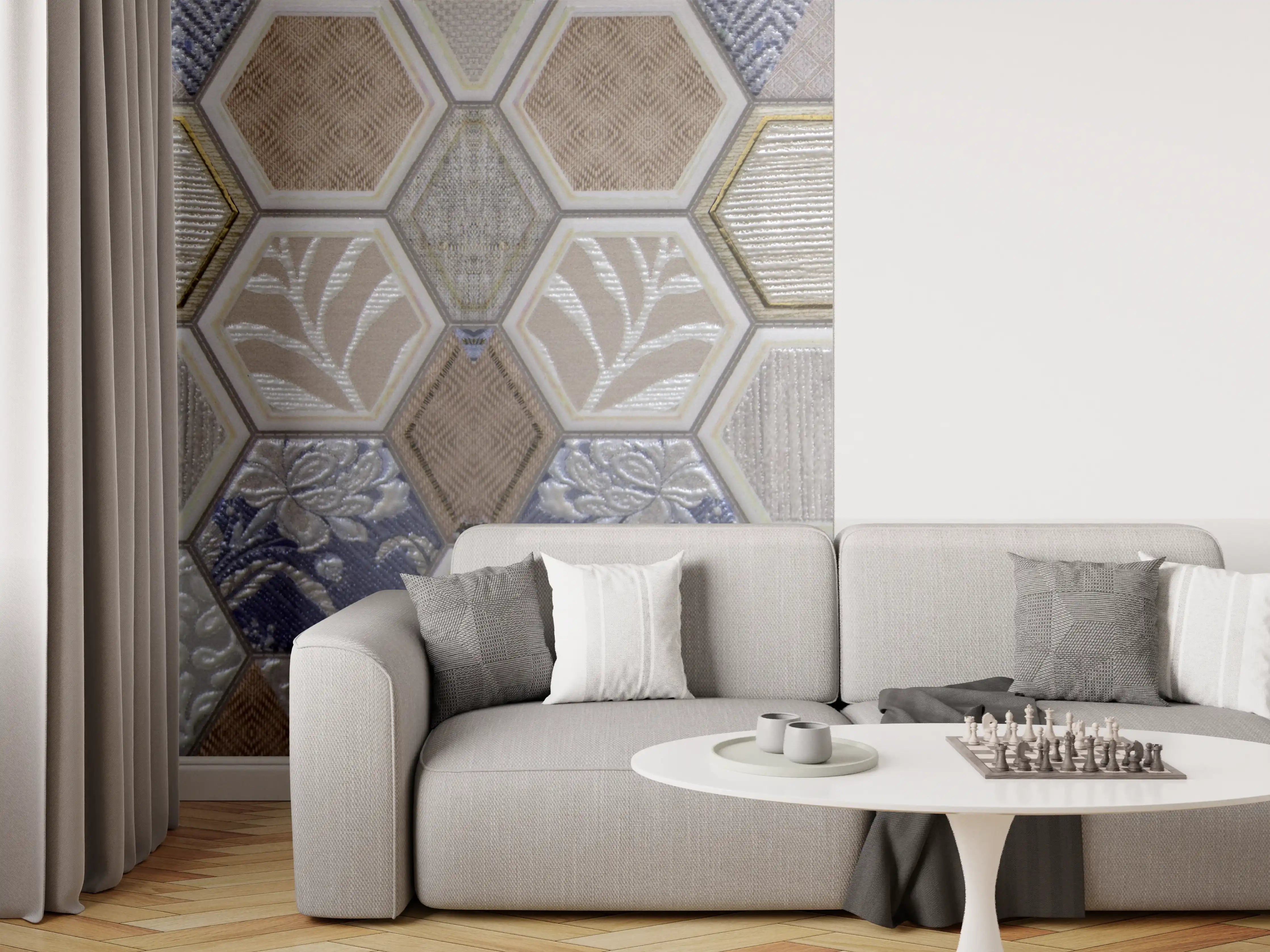 Wandverkleidung Wohnzimmer - Geometrische Blau-Beige Fliesen