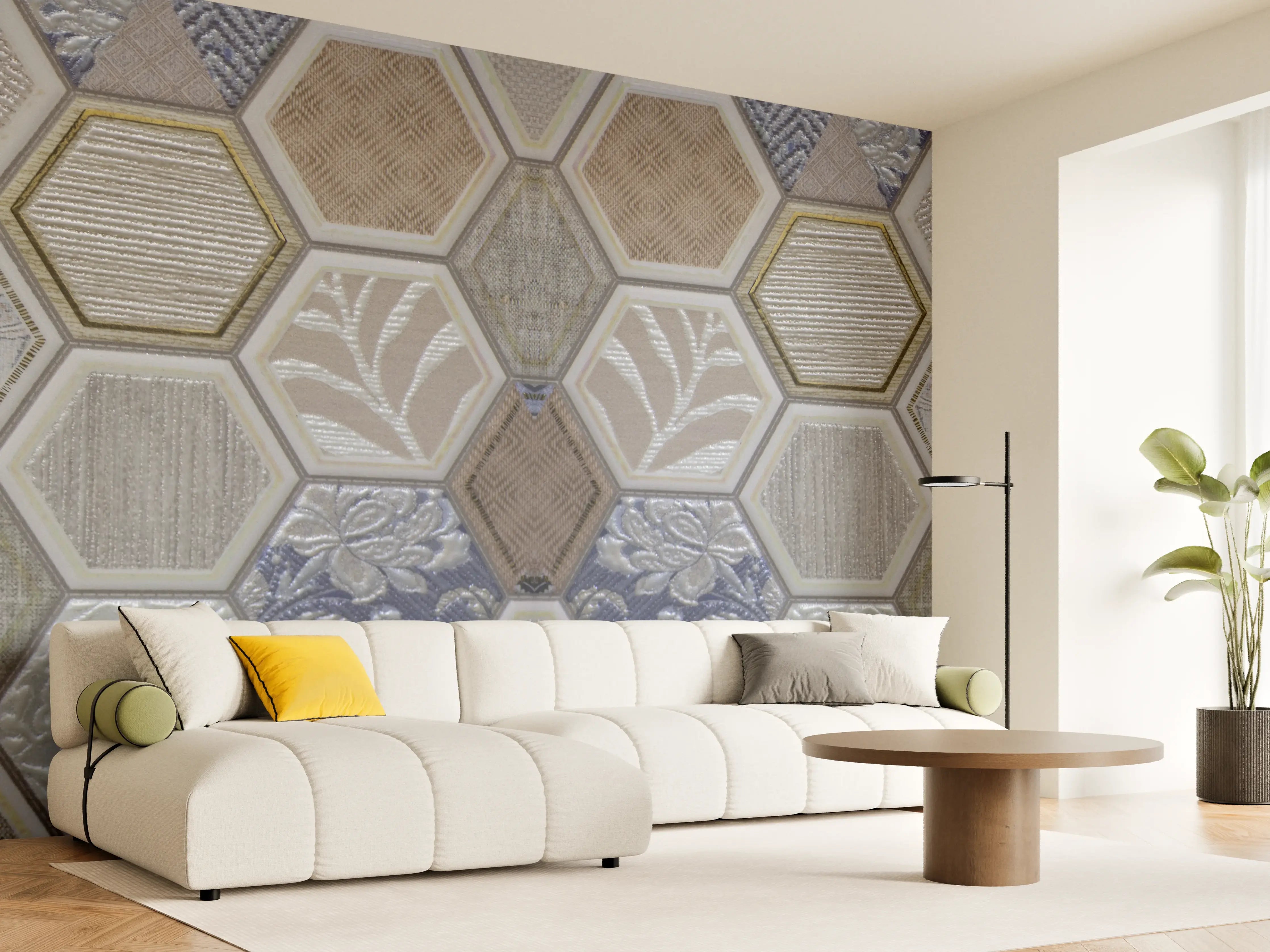 Wandverkleidung Wohnzimmer - Geometrische Blau-Beige Fliesen