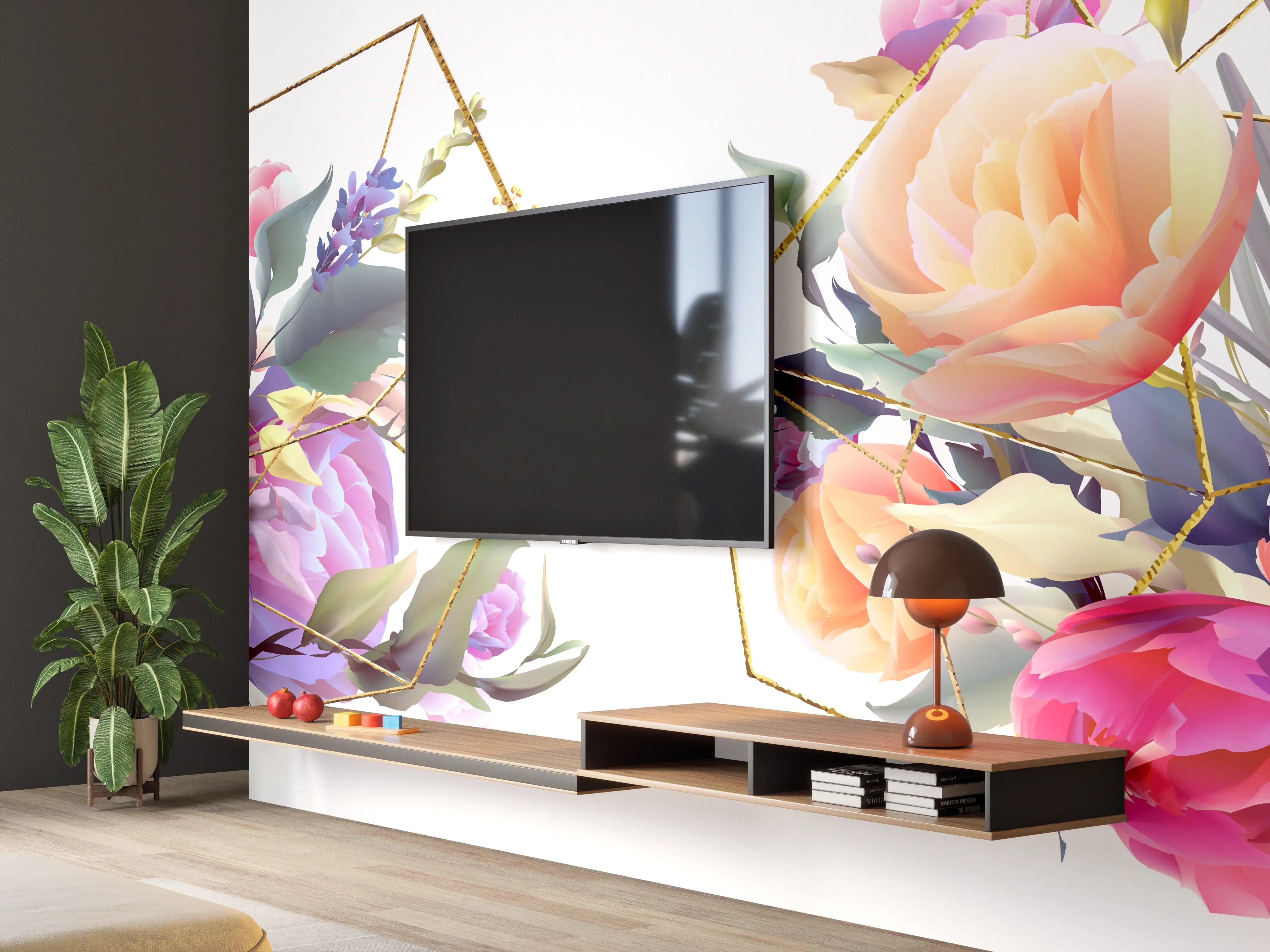 Wandverkleidung Wohnzimmer - Geometrische Blumen Goldglanz