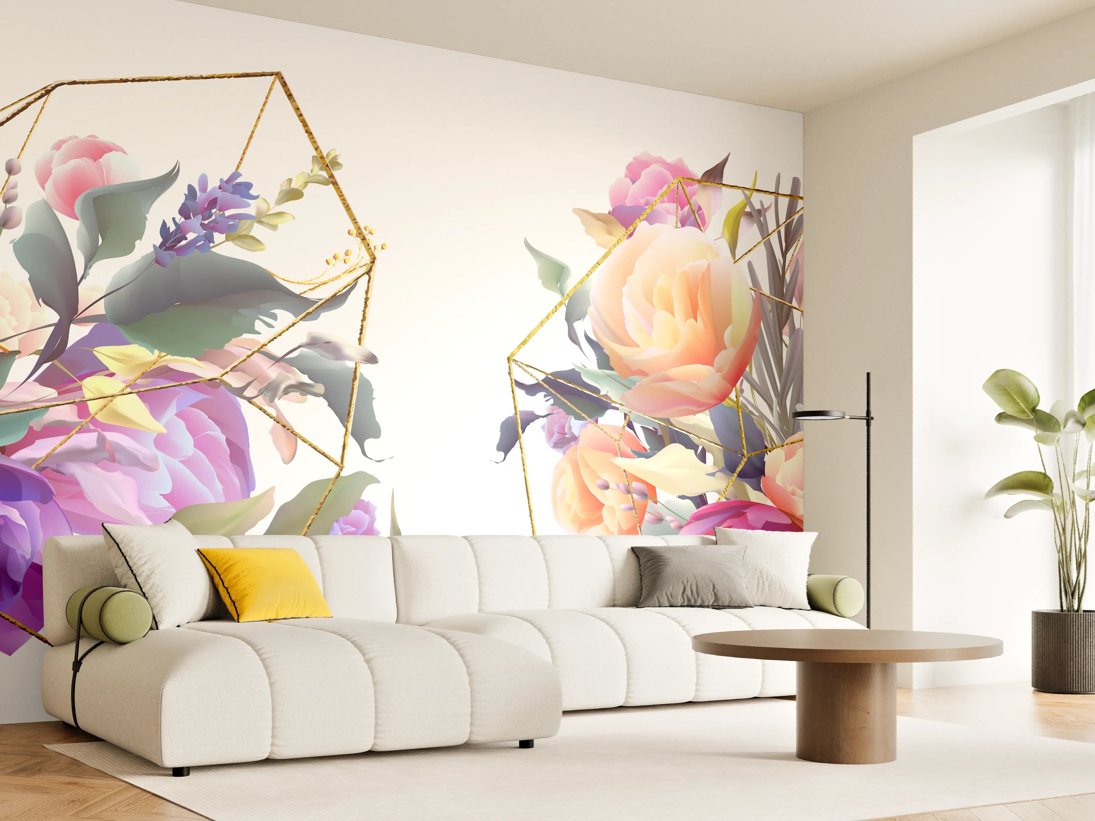 Wandverkleidung Wohnzimmer - Geometrische Blumen Goldglanz