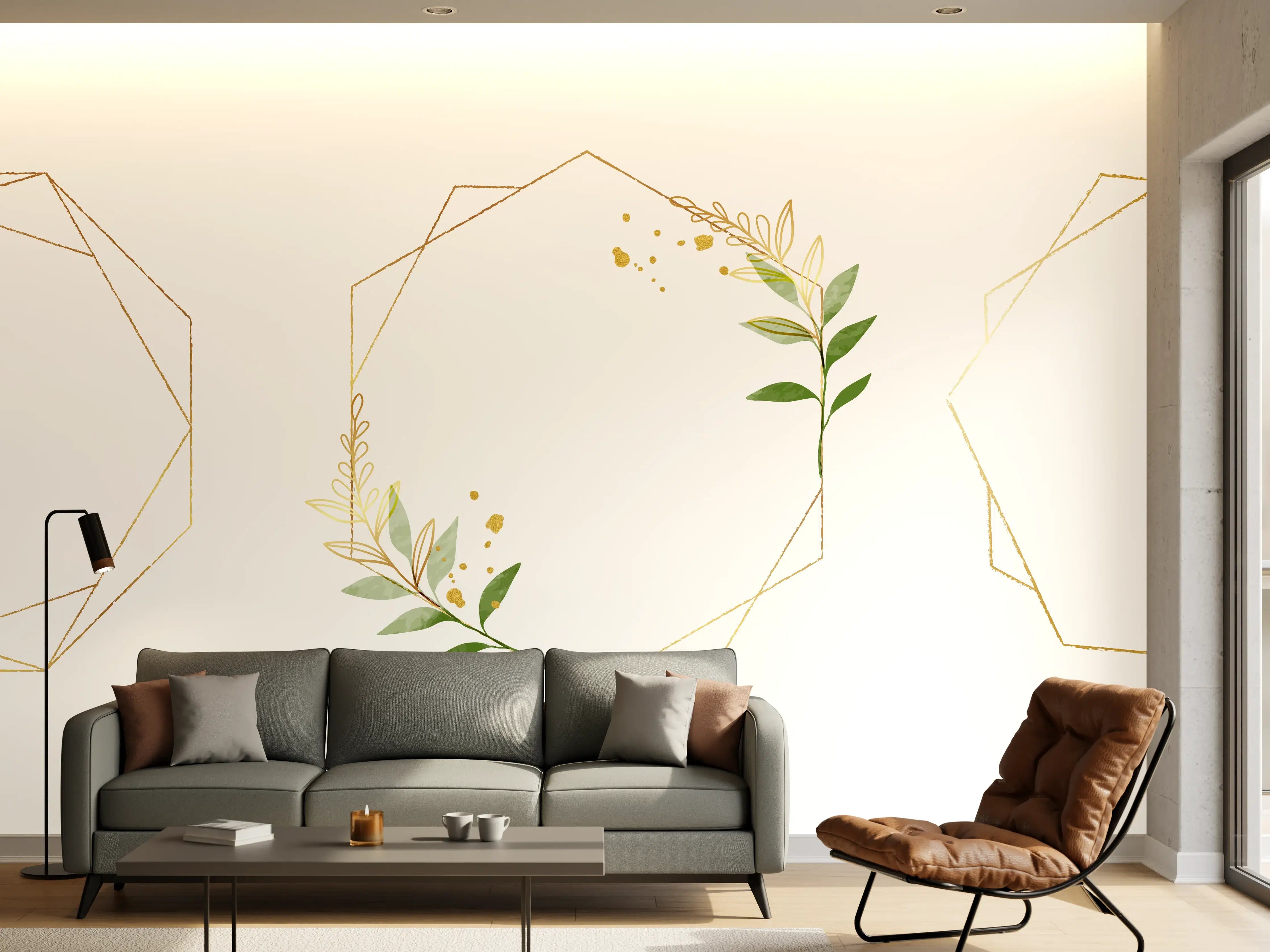 Wandverkleidung Wohnzimmer - Geometrische Blumenrahmen Gold