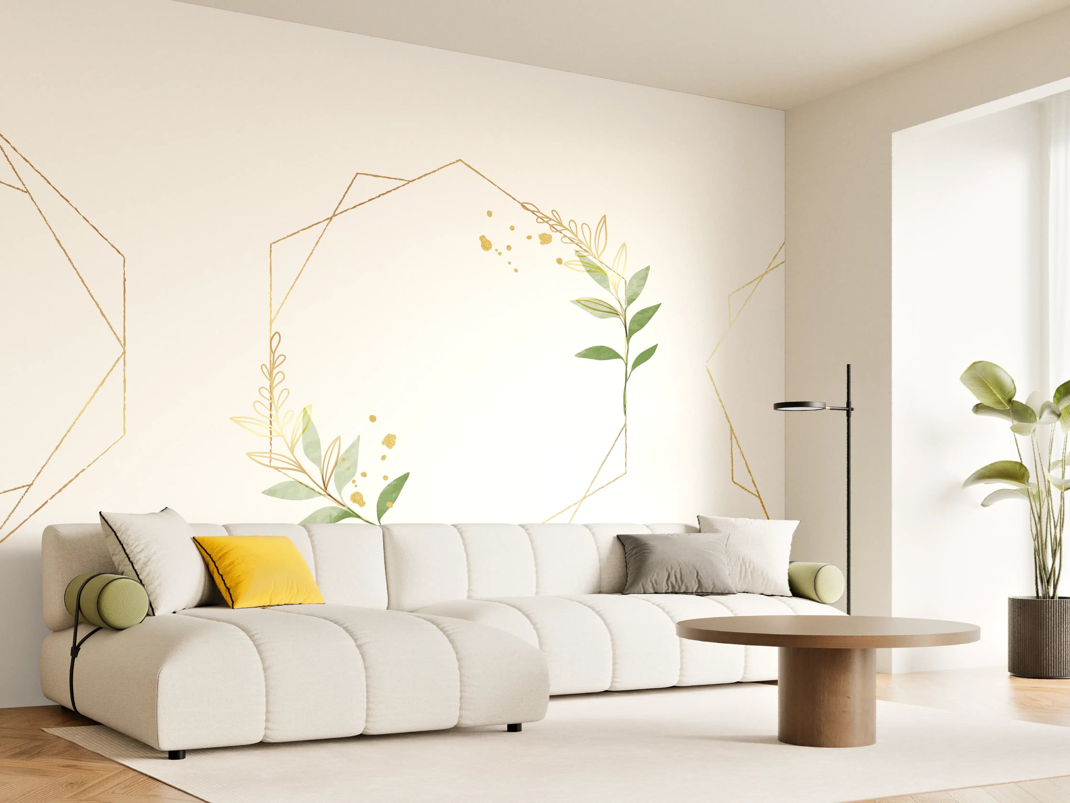 Wandverkleidung Wohnzimmer - Geometrische Blumenrahmen Gold