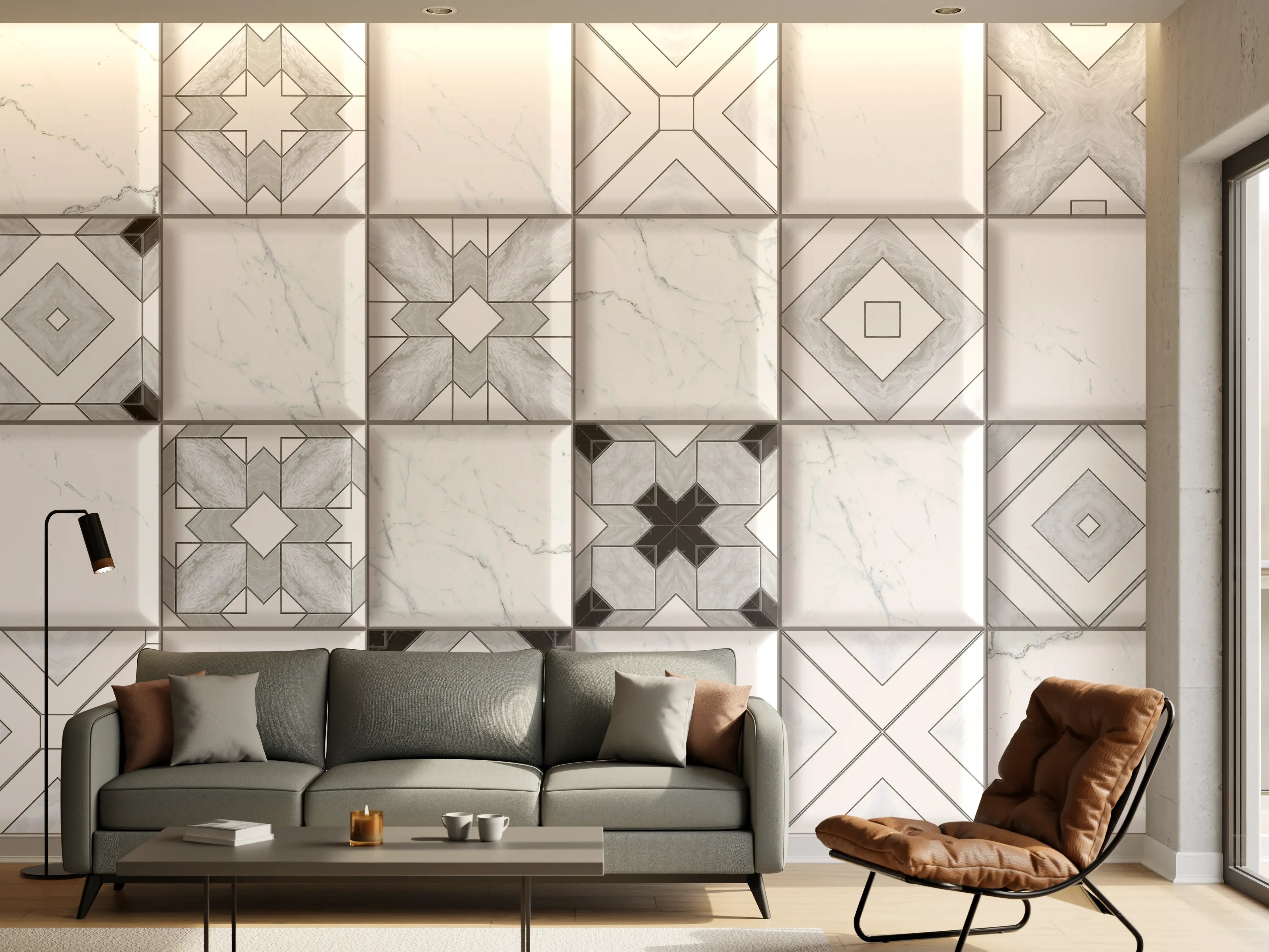 Wandverkleidung Wohnzimmer - Geometrische Weiß-Grau Wandfliesen
