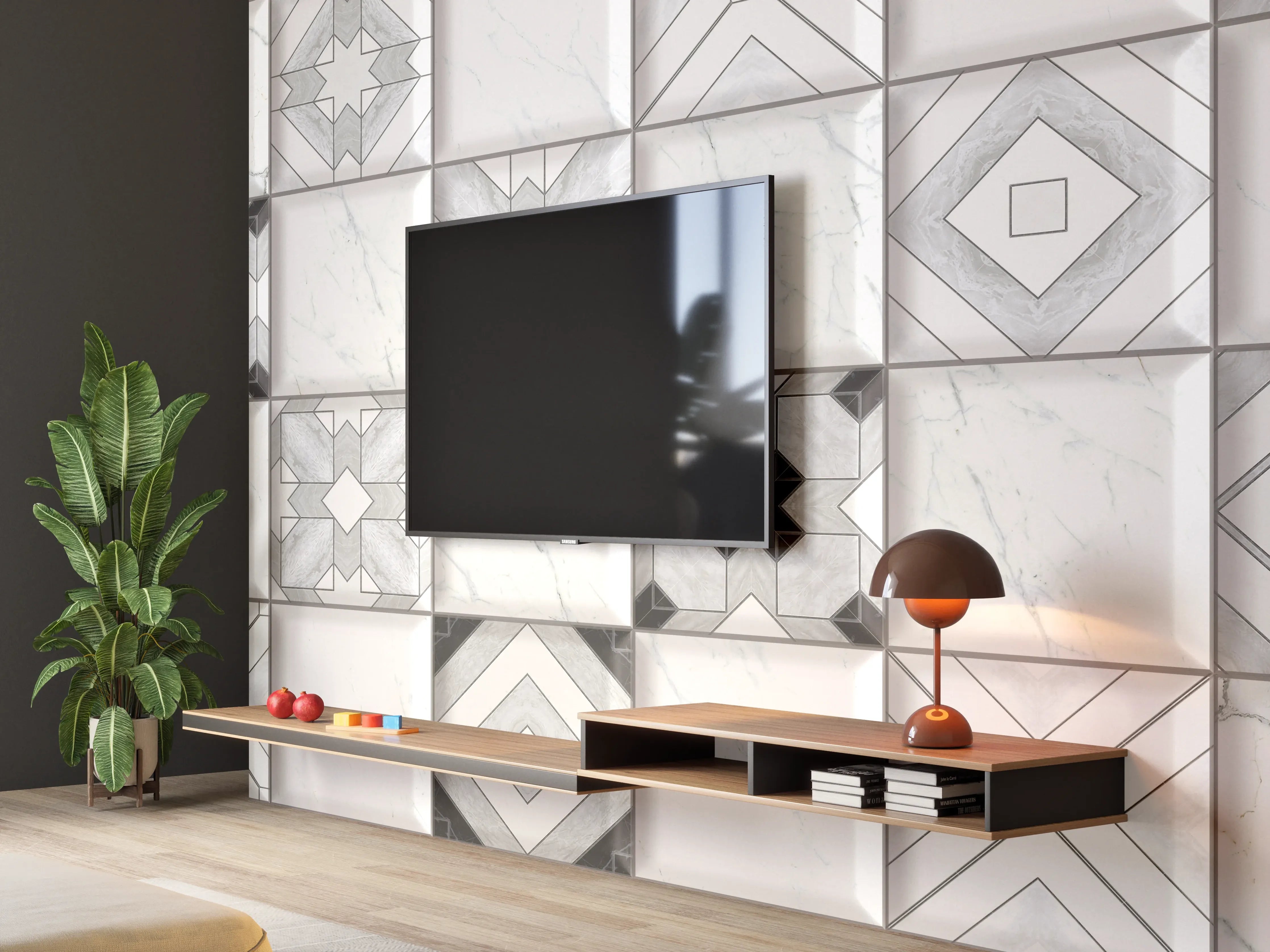 Wandverkleidung Wohnzimmer - Geometrische Weiß-Grau Wandfliesen