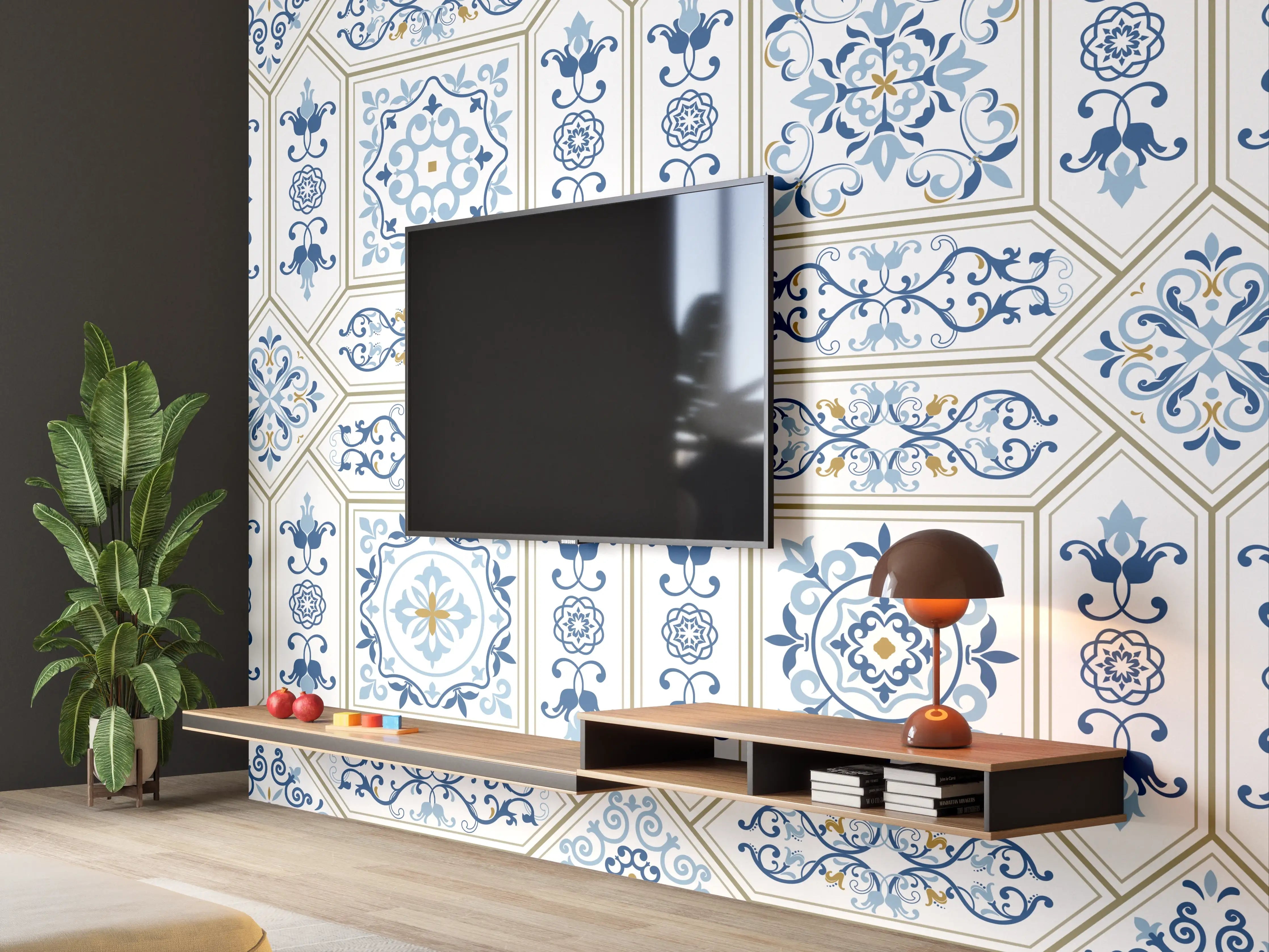 Wandverkleidung Wohnzimmer - Geometrisches Blau-Weiß-Muster