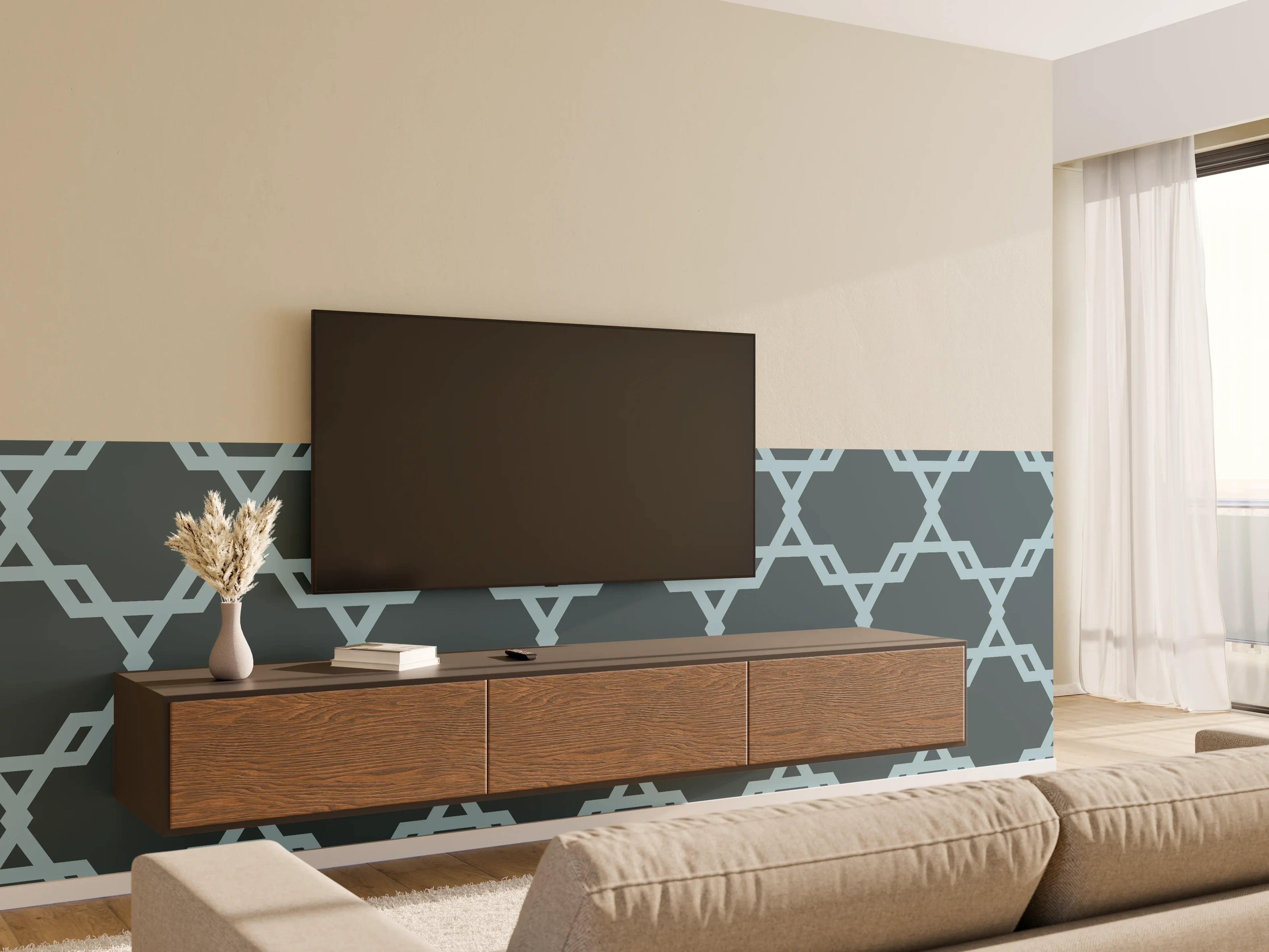 Wandverkleidung Wohnzimmer - Geometrisches Blaugrau Muster