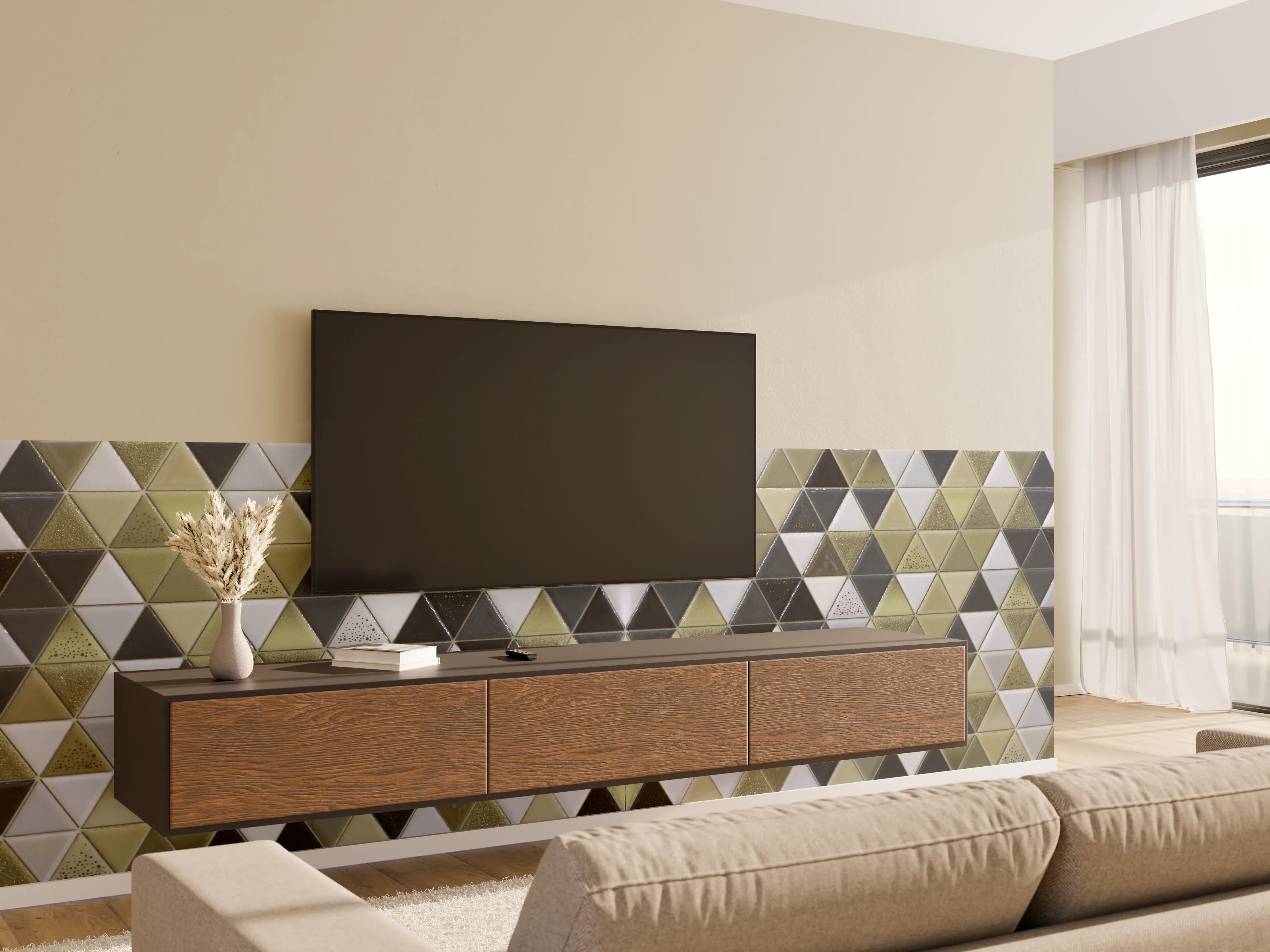Wandverkleidung Wohnzimmer - Geometrisches Fliesenmuster Schwarz Weiß Gold