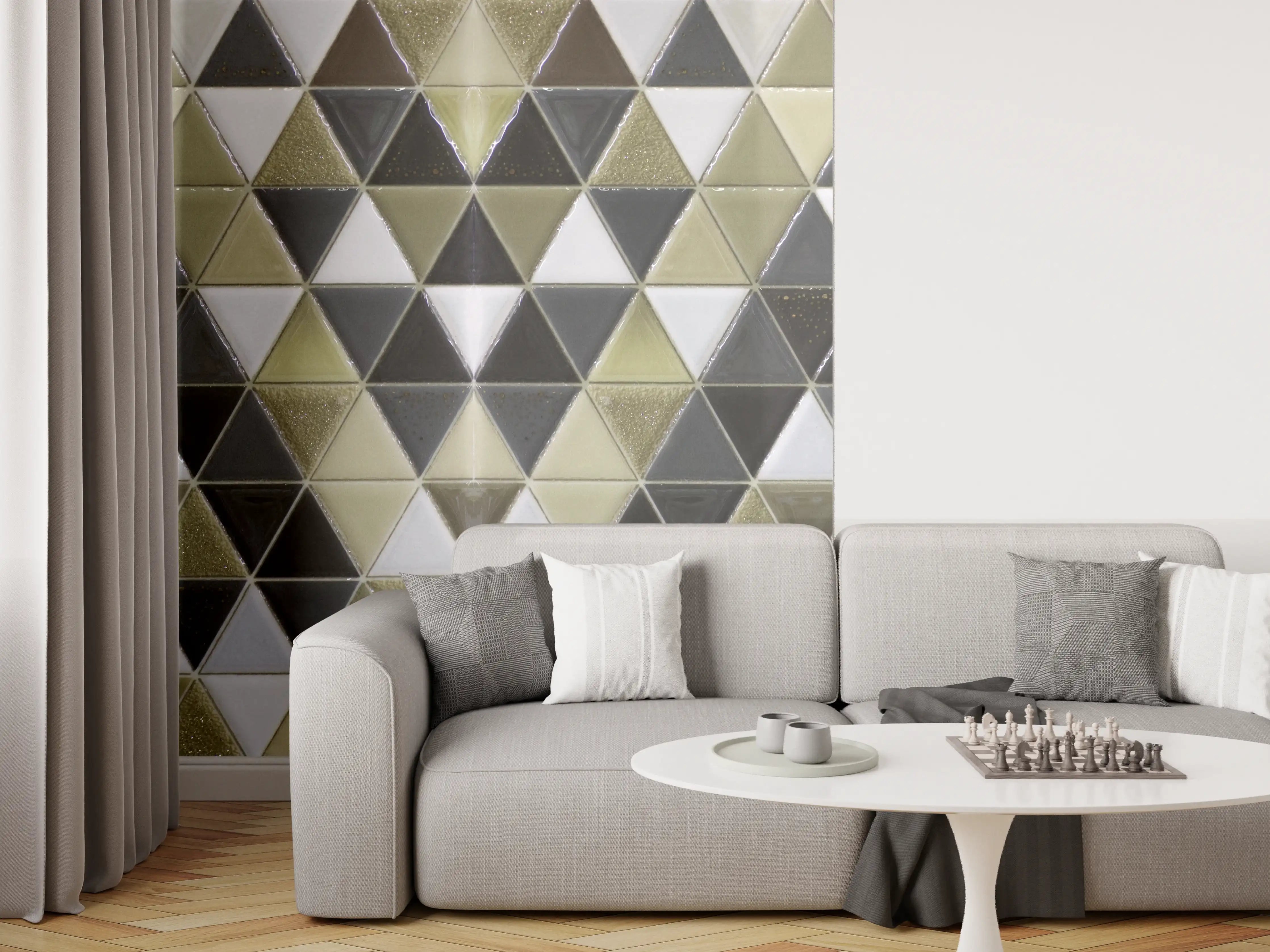 Wandverkleidung Wohnzimmer - Geometrisches Fliesenmuster Schwarz Weiß Gold