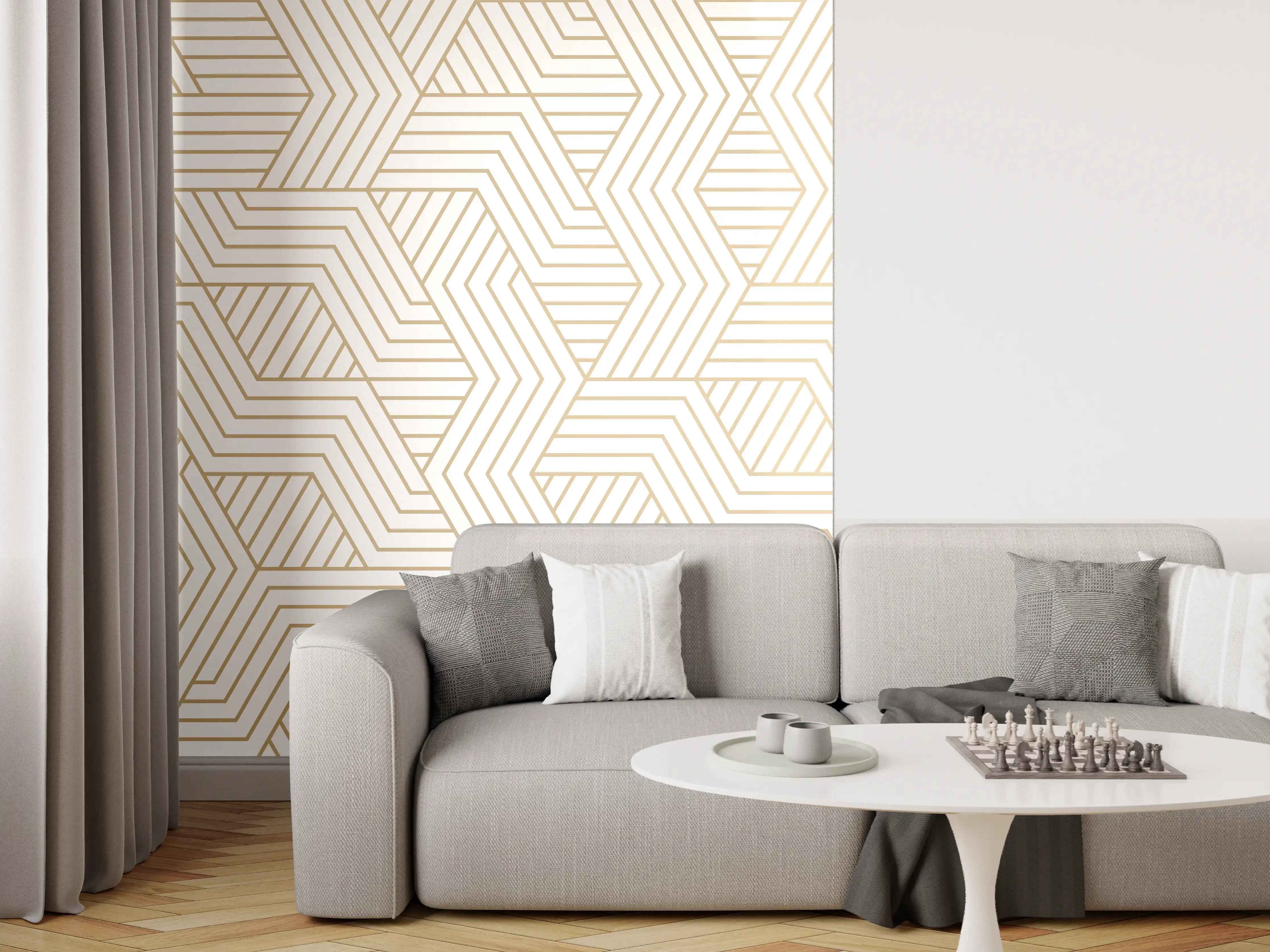 Wandverkleidung Wohnzimmer - Geometrisches Gold-Weiß Muster
